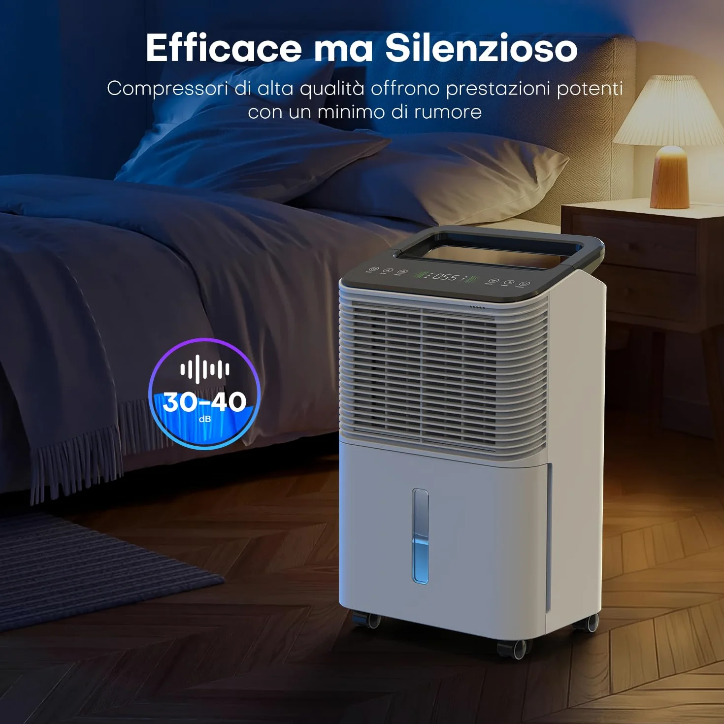 Deumidificatore 16L/giorno, Deumidificatore Casa Silenzioso, Controllo Centrale Intelligente, Modalità AUTO, Indicatore di Umidità, Timer 24H, Deumidificatores Portatile, Più Potente