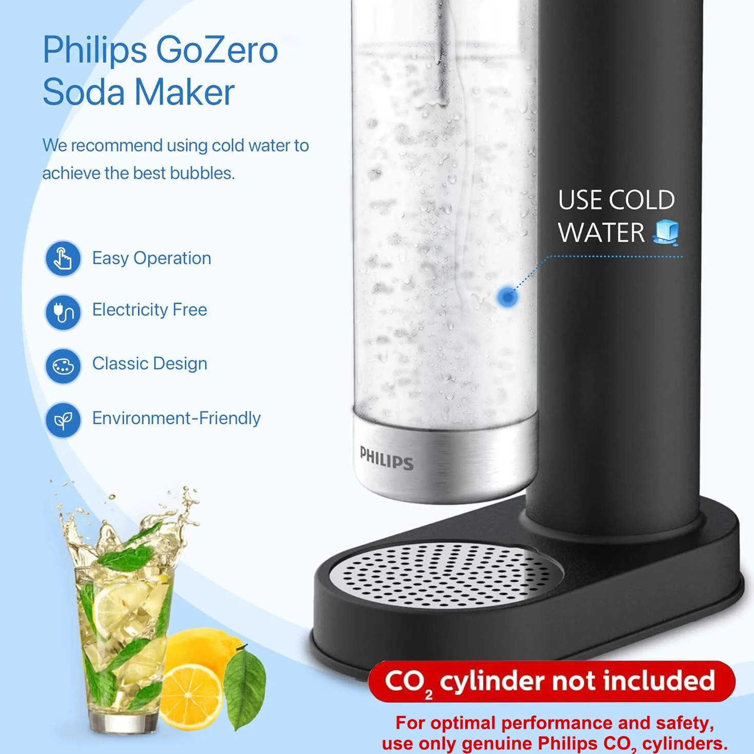 Philips Macchina per acqua frizzante in acciaio inox 1L PET compatibile carbonatore CO2 60L vite