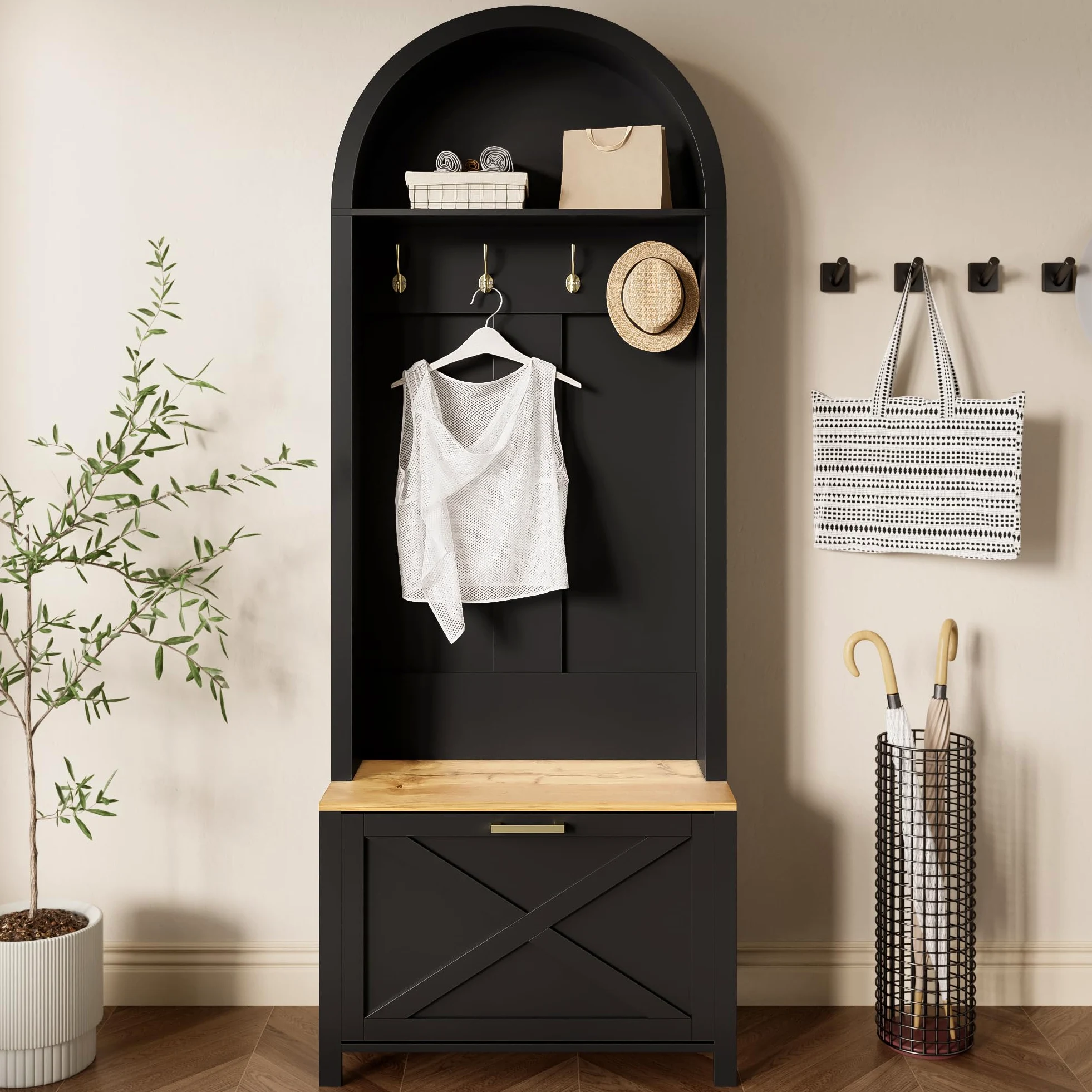 Merax Set di appendiabiti per corridoio, guardaroba compatto, multifunzionale, con scarpiera, ripiano e gancio, per ingresso, nero, 75 x 35 x 195 cm