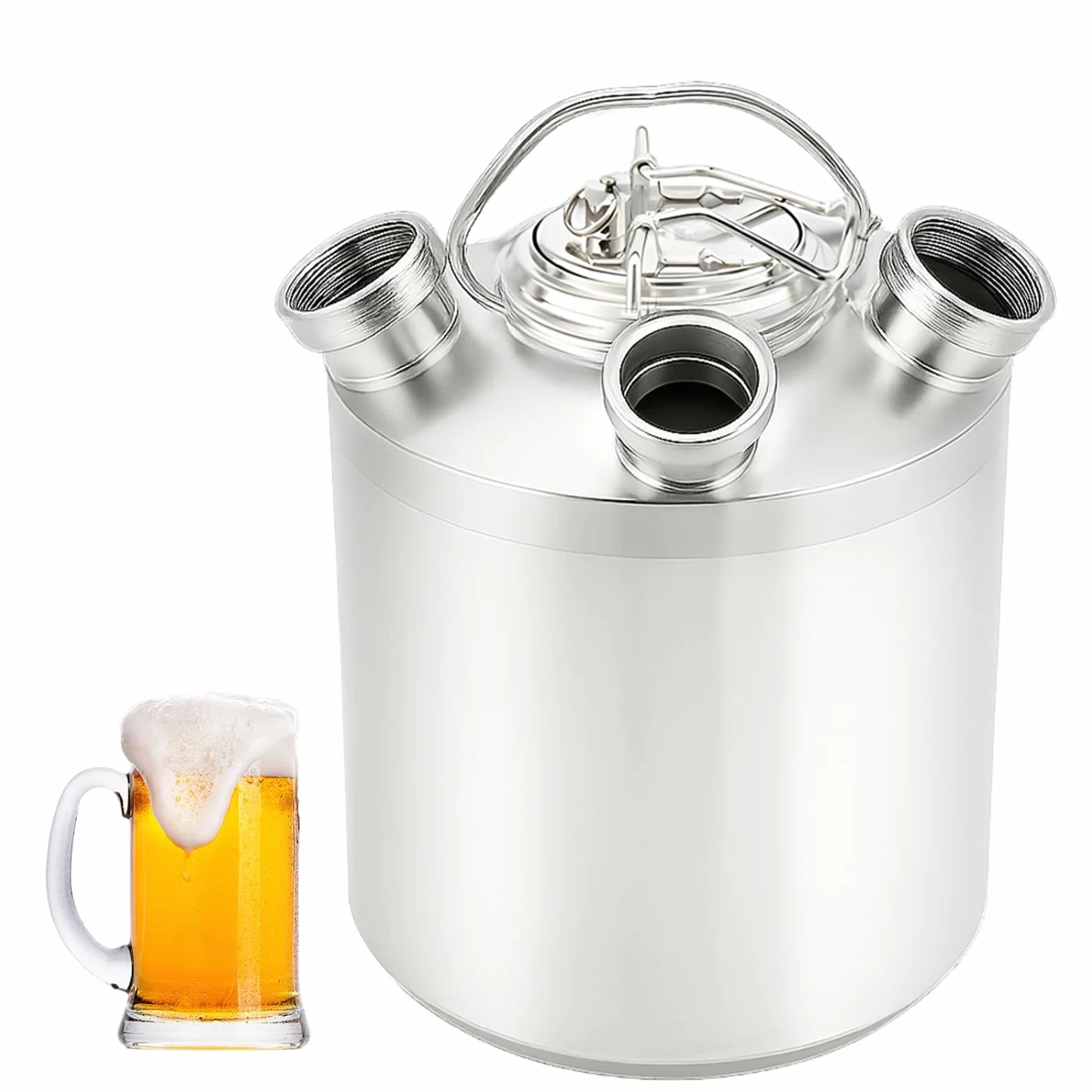 Contenitore per la Pulizia della Birra in Acciaio Inox 10L, Contenitore per la Pulizia dell'impianto di Spillatura della Birra con 3 Teste, Adatto per Lance di Tipo A e S, Argento, 304