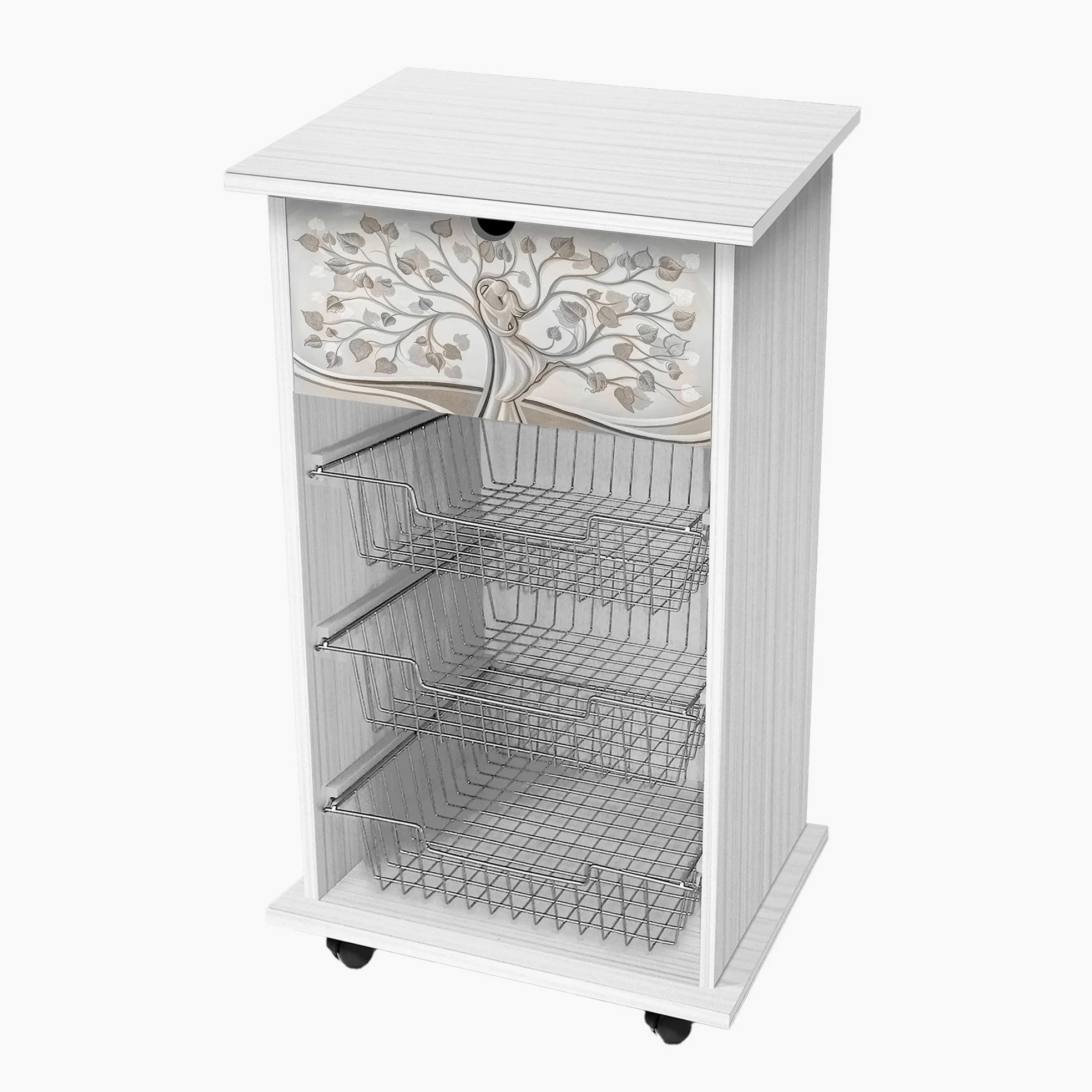 Lupia - Carrello Cucina Multifunzione Bianco WHITE ALBERO ABBRACCIO, Portafrutta Ruote Piroettanti, Piano di Appoggio, tre Cestelli Estraibili in Acciaio, Legno 40X45H85 cm montato