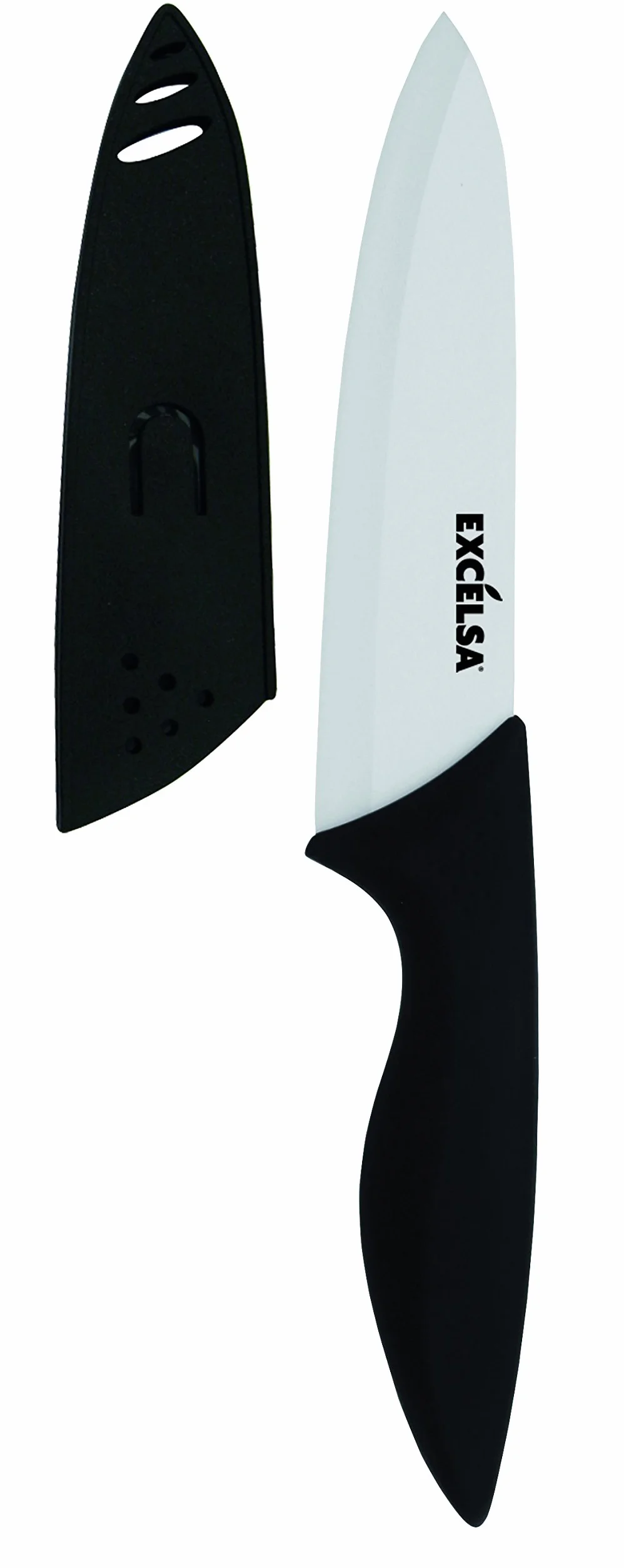 Excelsa Coltello Chef con Coprilama, Ceramica, Nero/Bianco, Lama 15 cm, 1 Unità