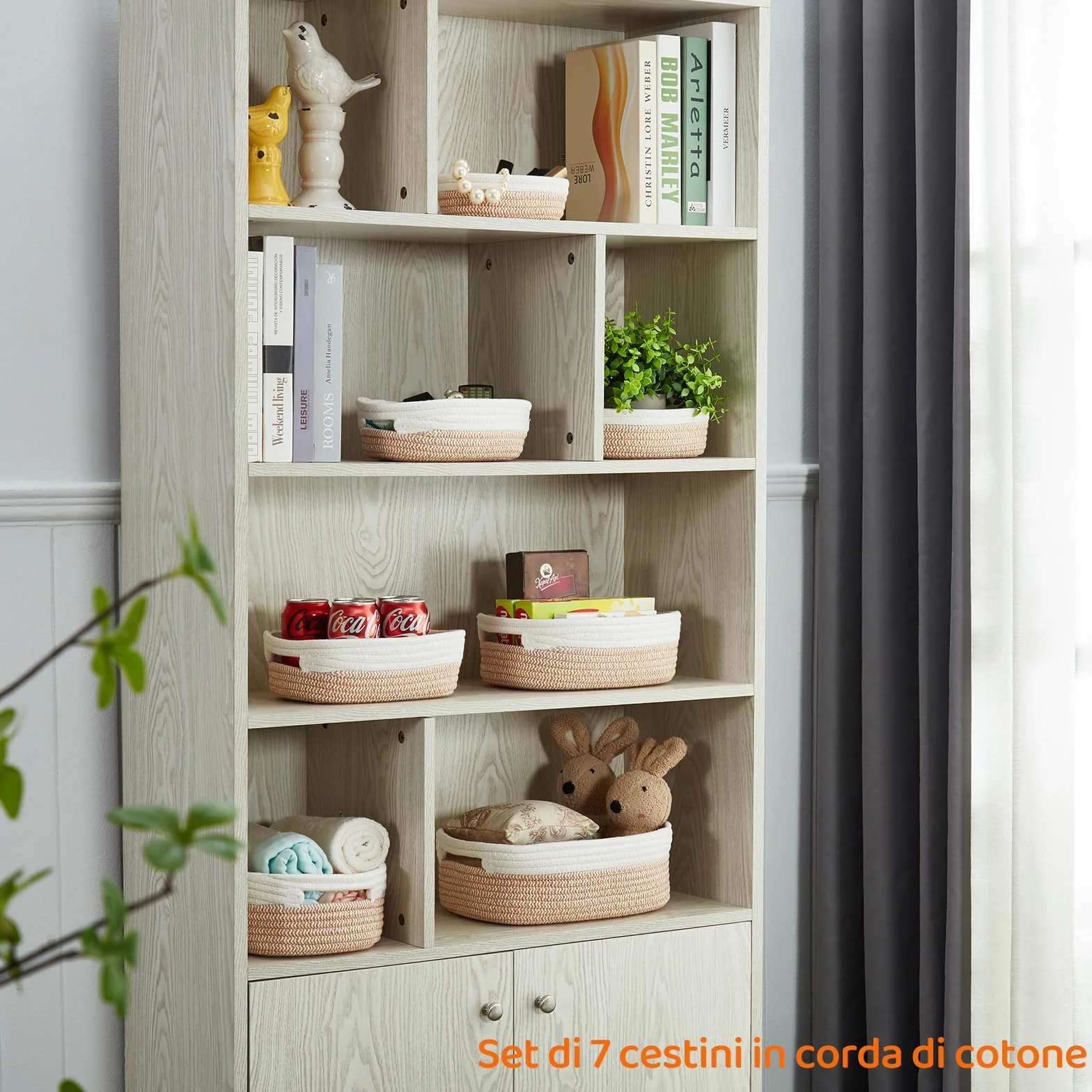Mangata Piccoli cestini decorativi ovali da forno, in corda di cotone, vuoti, per mensole, chiavi, asciugamani e vaso, senza pieghe, materiale morbido, inodore (Zenzero misto, set da 7)