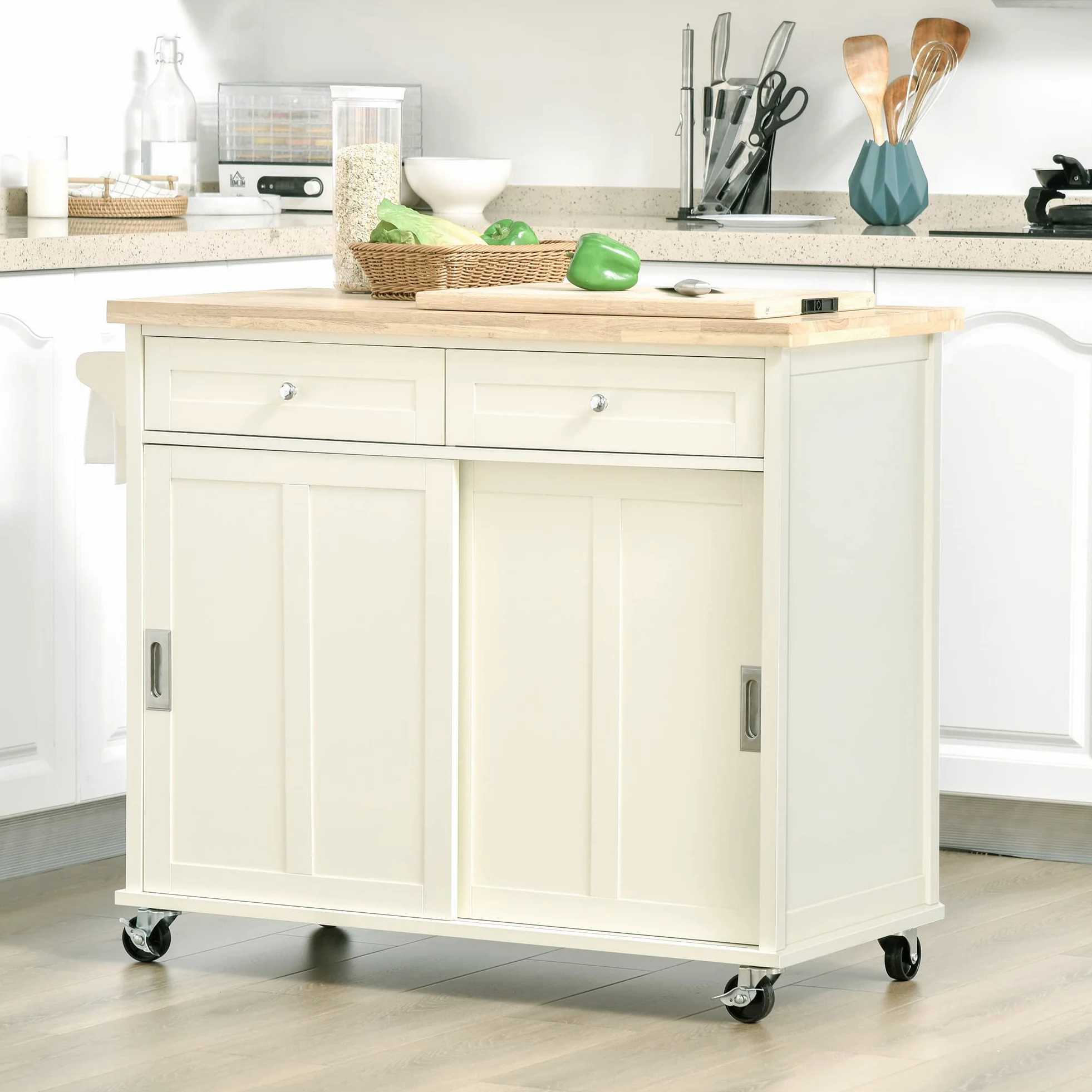 HOMCOM Isola per Cucina in Legno e MDF con Cassetti, Armadietto e Portasciugamani, Carrello da Cucina a 4 Ruote per Utensili, 110x49.5x89.5 cm, Bianco