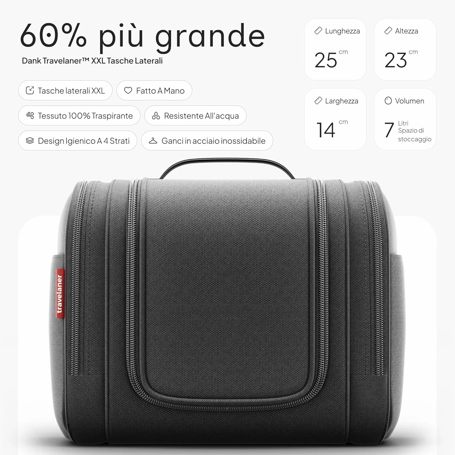 Travelaner® Borsa da Toilette Uomo e Donna 3-in-1 Beauty Case da Viaggio da Appendere 7L Impermeabile Nero