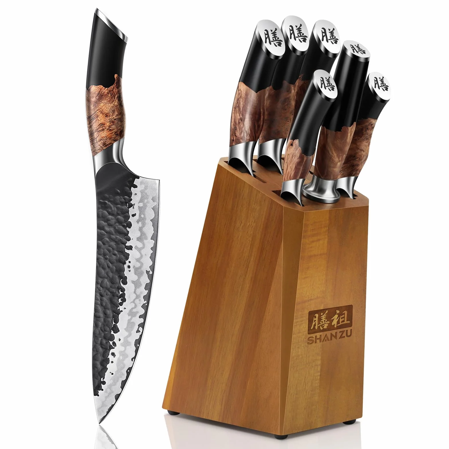 SHAN ZU Set di Coltelli da Cucina Forgiati a Mano,Set di Coltelli Giapponesi da 7 Pezzi con Ceppo Coltelli,Coltello da Chef in Acciaio 10Cr15MOV (7 Strati),Manico in Legno di Acero