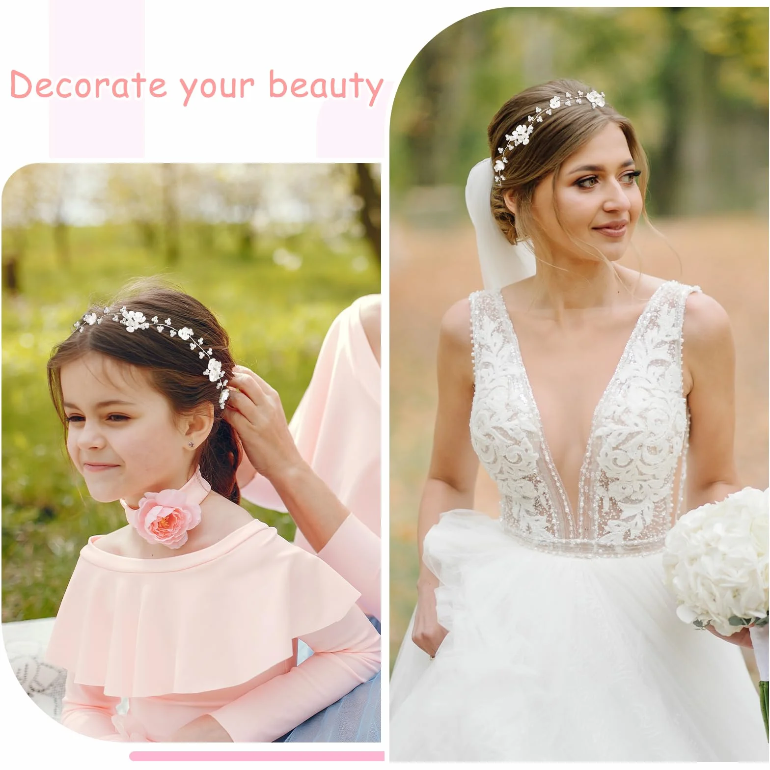 Accessorio per capelli da sposa con perle e fiori, bianco