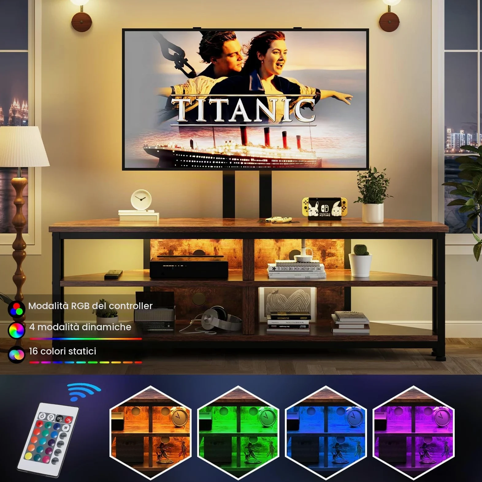 Dripex Mobile ad angolo per TV, con supporto e illuminazione a LED, mobile angolare (120 cm con supporto)