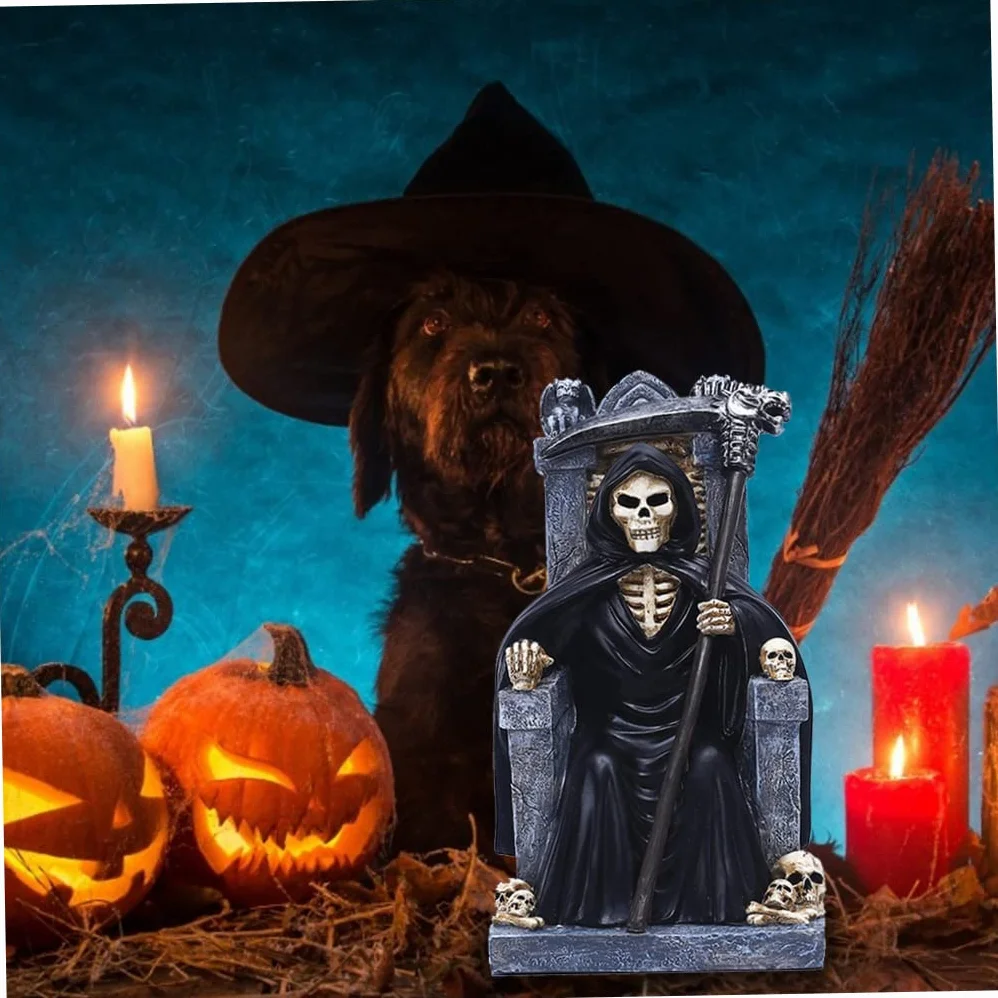 Jorzer Statua della morte di Halloween Morte Statua Tristo Mietitore Resina Scheletro Decorazione Desktop