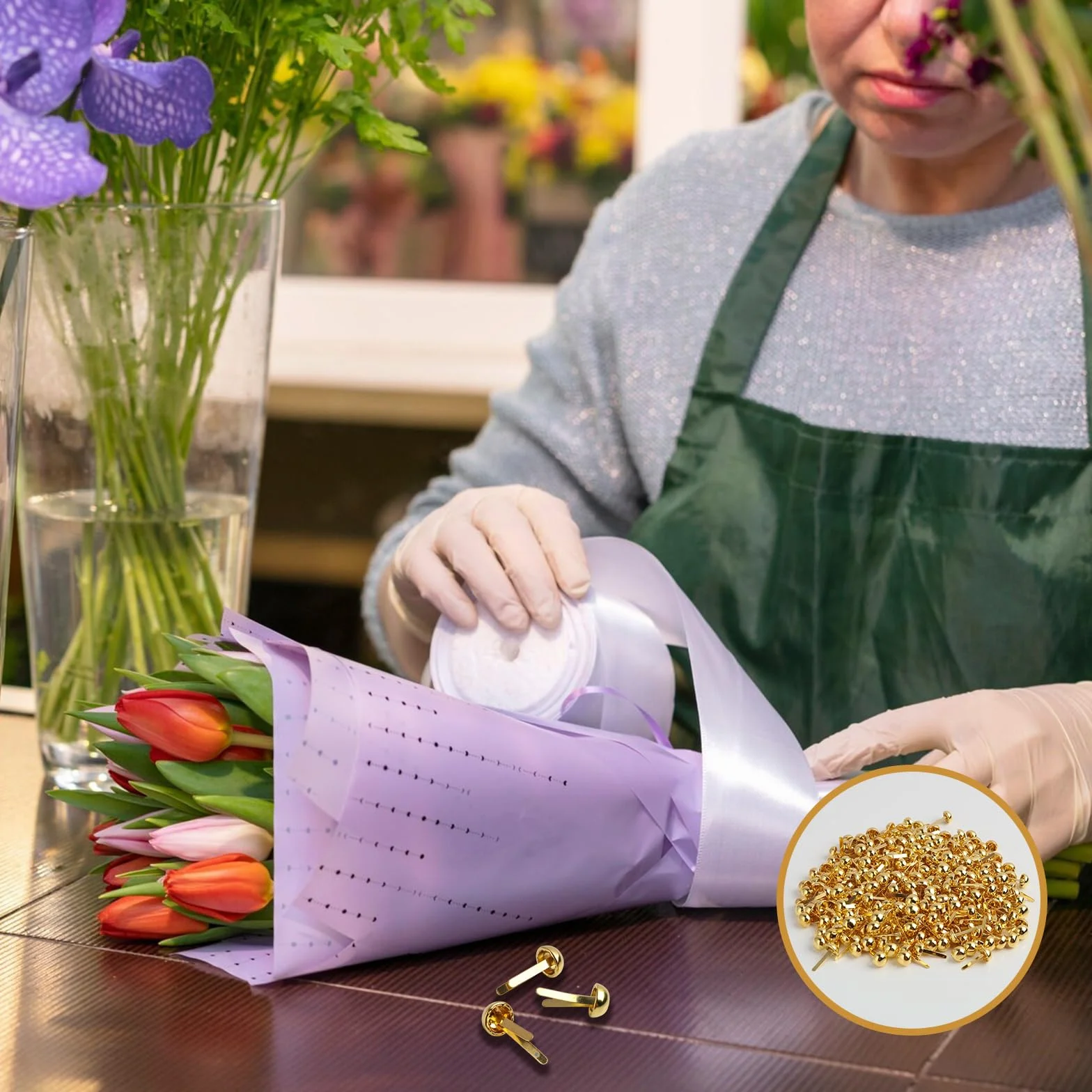 300 Pezzi in Metallo Dorato, Fermagli per Sacchetti, Testa Rotonda in Metallo, Mini Chiusure per Carta, Fermacampioni Piccoli, Brads, Clip a Doppio Piede a Testa Rotonda per Scrapbooking