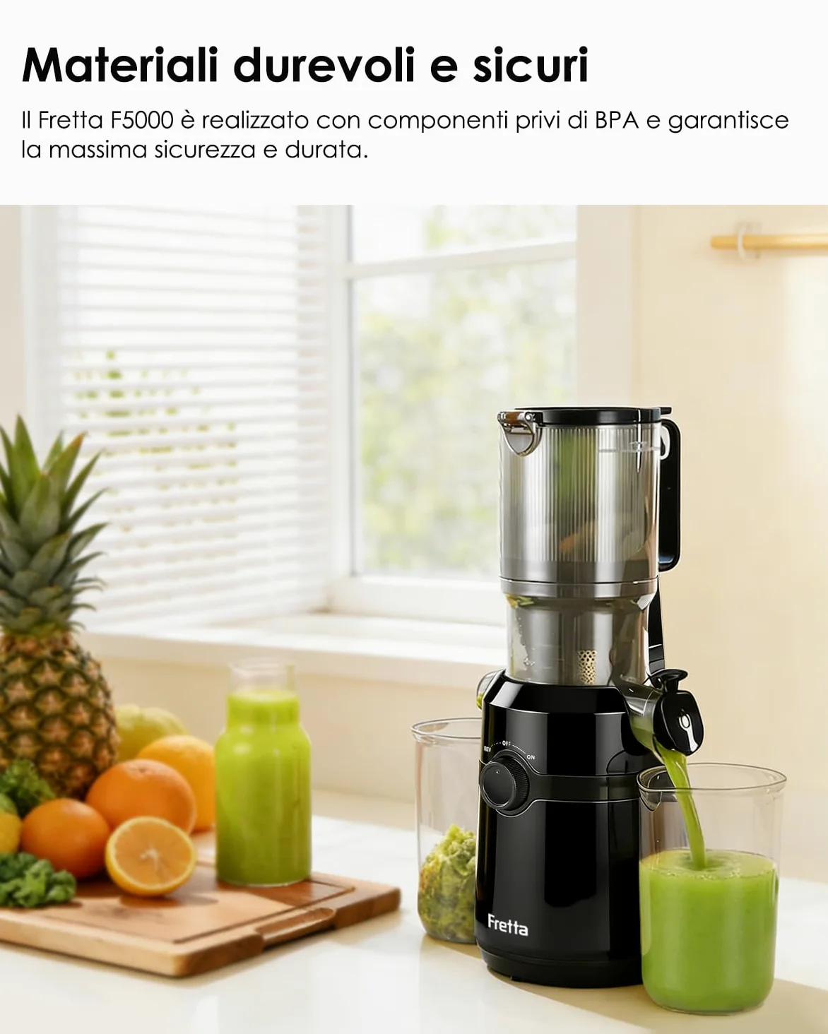 Fretta Estrattore frutta e verdura, apertura 108MM e capacità di 1L estrattore di succo, 200W centrifuga Lenta, 99% nutrienti preservati, senza BPA, facile da smontare e pulire