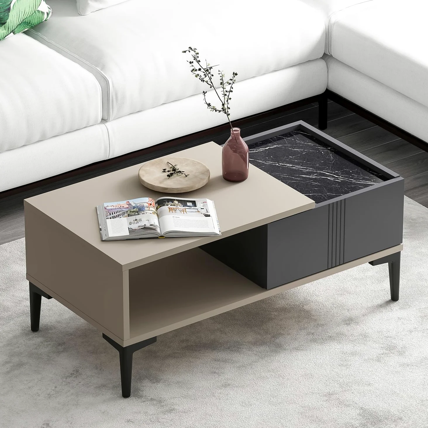 Homidea Modena - Tavolino da salotto con vano portaoggetti da 90 cm, moderno design scandinavo con spazio di archiviazione, tavolino rettangolare per salotto (beige