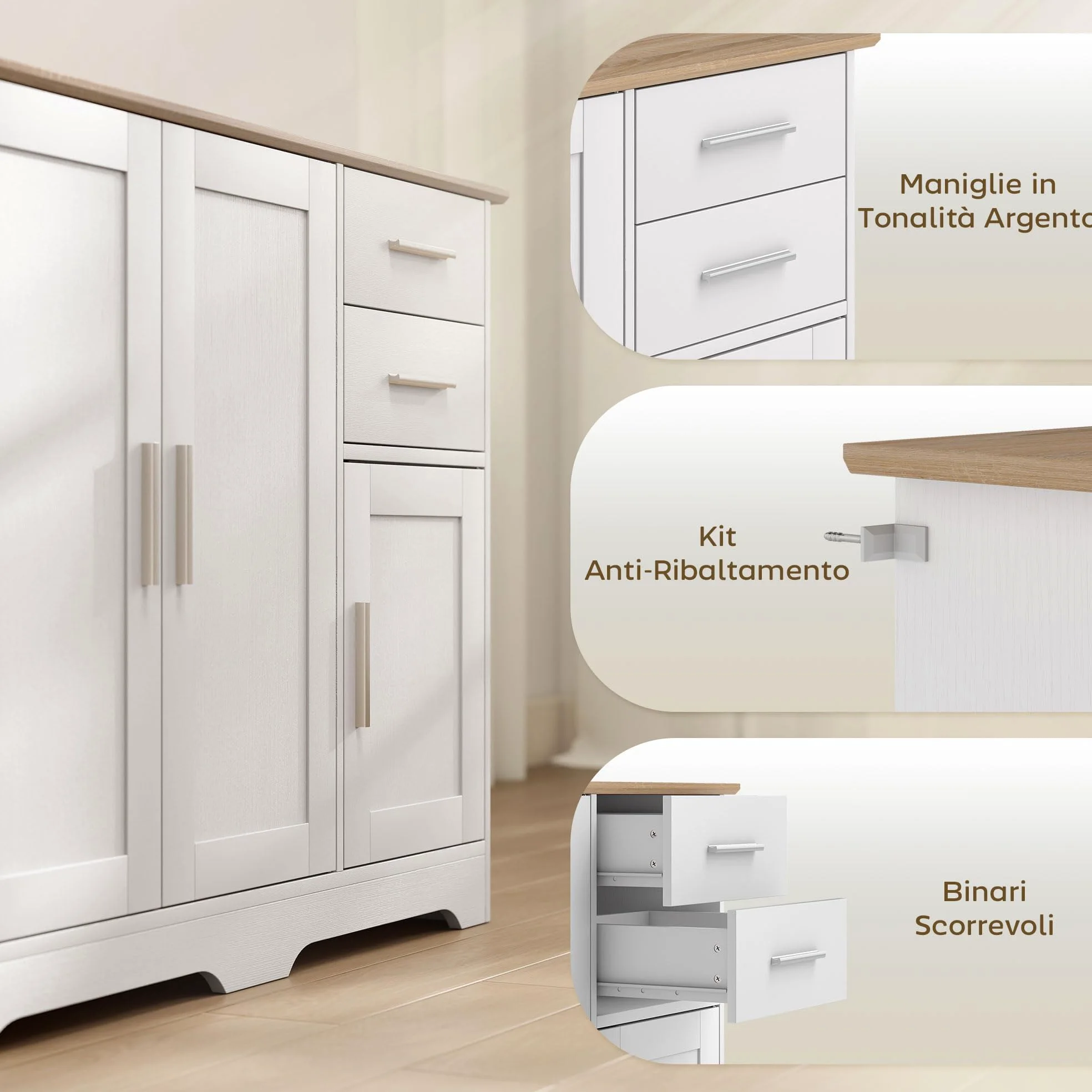 HOMCOM Credenza Cucina, Mobile Cucina con 2 Cassetti e 2 Armadietti, Credenza Buffet con Ripiani Regolabili, 3 Ante, Stile Moderno, per Soggiorno, Sala da Pranzo, 100x40x78 cm, Bianco e Color Legno