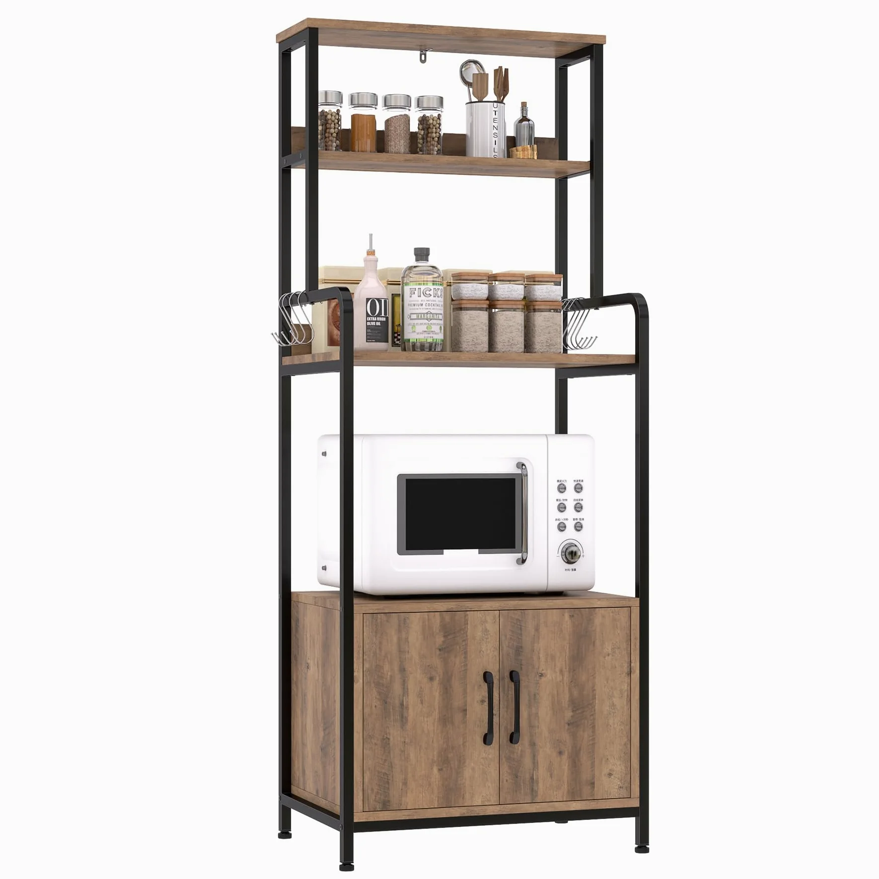 HOCSOK Scaffale da Cucina, Armadio da Cucina, Mobile per Microonde con 2 Ante, 4 Scaffale e 8 Ganci, Mobile Ausiliario per Stoviglie, Spezie, Legno, 60x40x149cm, Antico