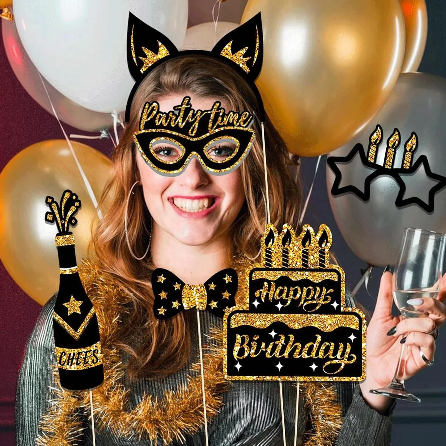 36 Pezzi Accessori Fotobox Feste, Decorazioni Autoscatto Tema Oro e Nero con Bastoncini e Adesivi per Compleanno, Matrimonio, Natale, Halloween, Laurea – Kit Foto Divertenti per Party