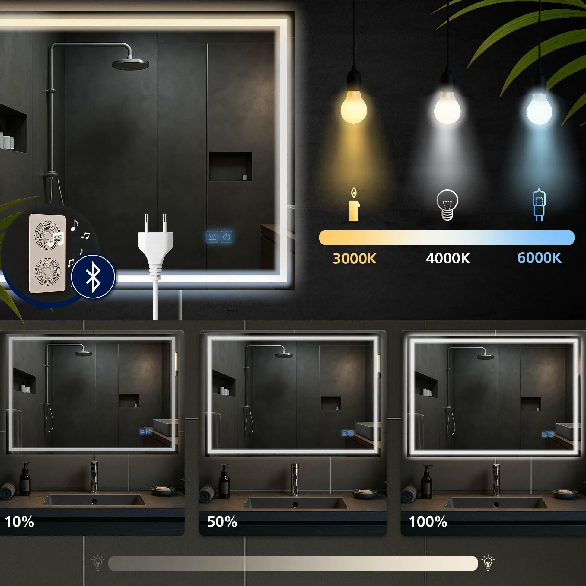 CLP Specchio da bagno Jaffrey, altoparlante Bluetooth, antiappannamento, specchio da parete con illuminazione a LED, dimmerabile, Dimensione:70x100 cm