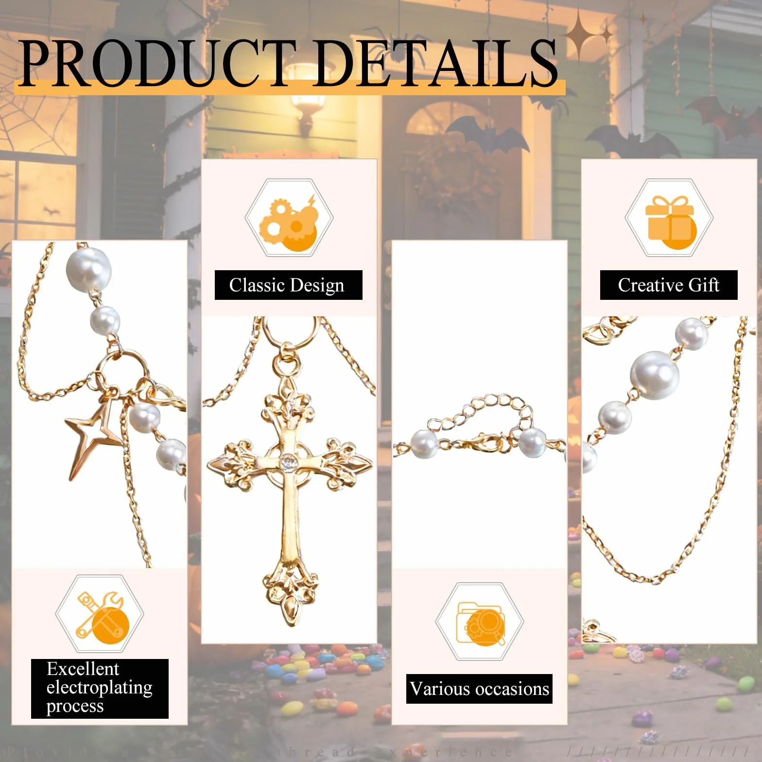 Collana Gotica con Croce Dorata Cristallo e Perla Sintetica Regolabile