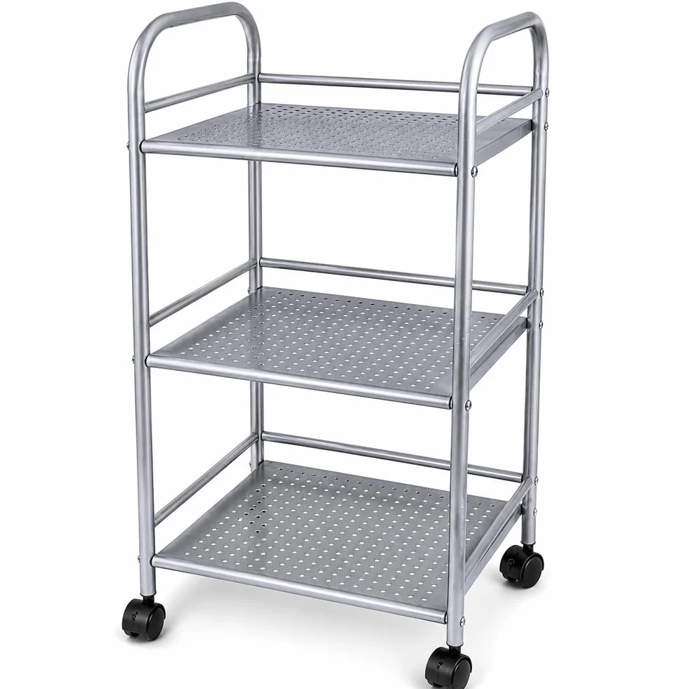 Carrello Portaoggetti in Metallo 3 Ripiani 4 Ruote Girevoli 40x35x75cm Argento