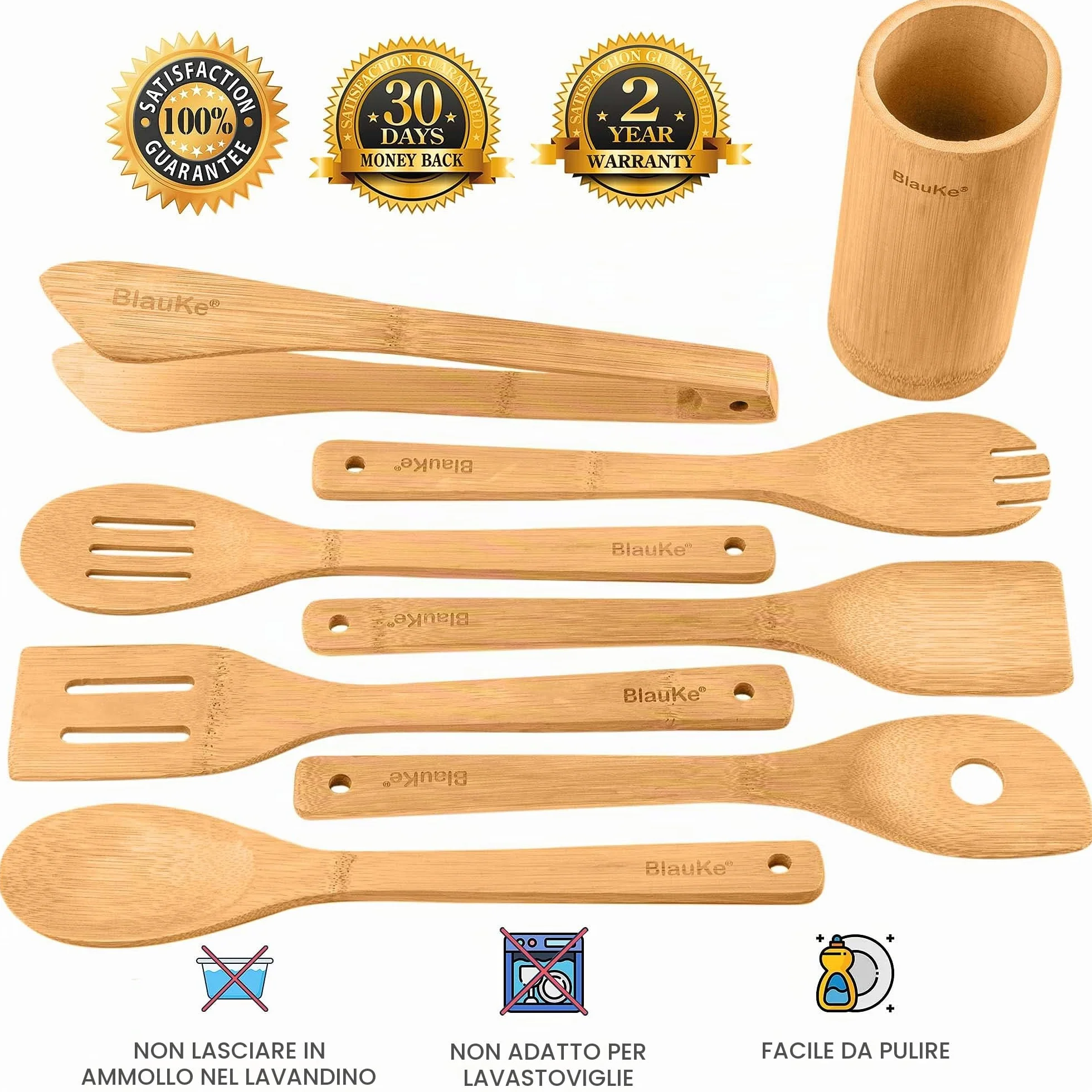 BlauKe® Set di Utensili da Cucina in Bambù Naturale - 8 Pezzi con Paletta, Spatola, Pinze, Cucchiaio in Legno, Porta Mestoli
