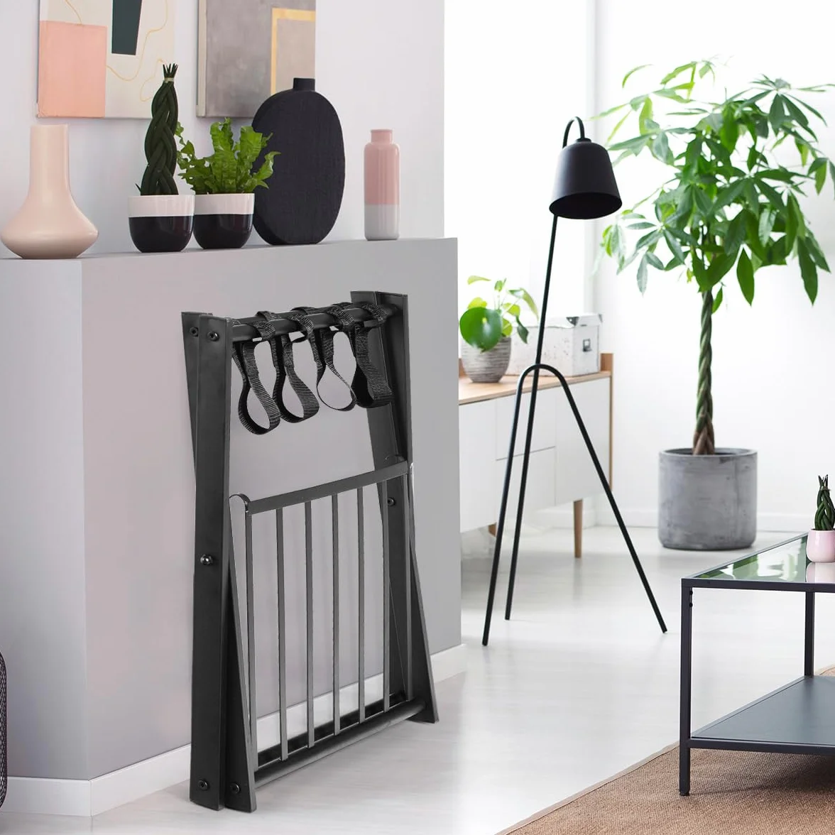HOMASIS 2 Portavaligie Pieghevole 2 Sgabelli Reggivaligia in Metallo 68 x 43 x 56 Nero
