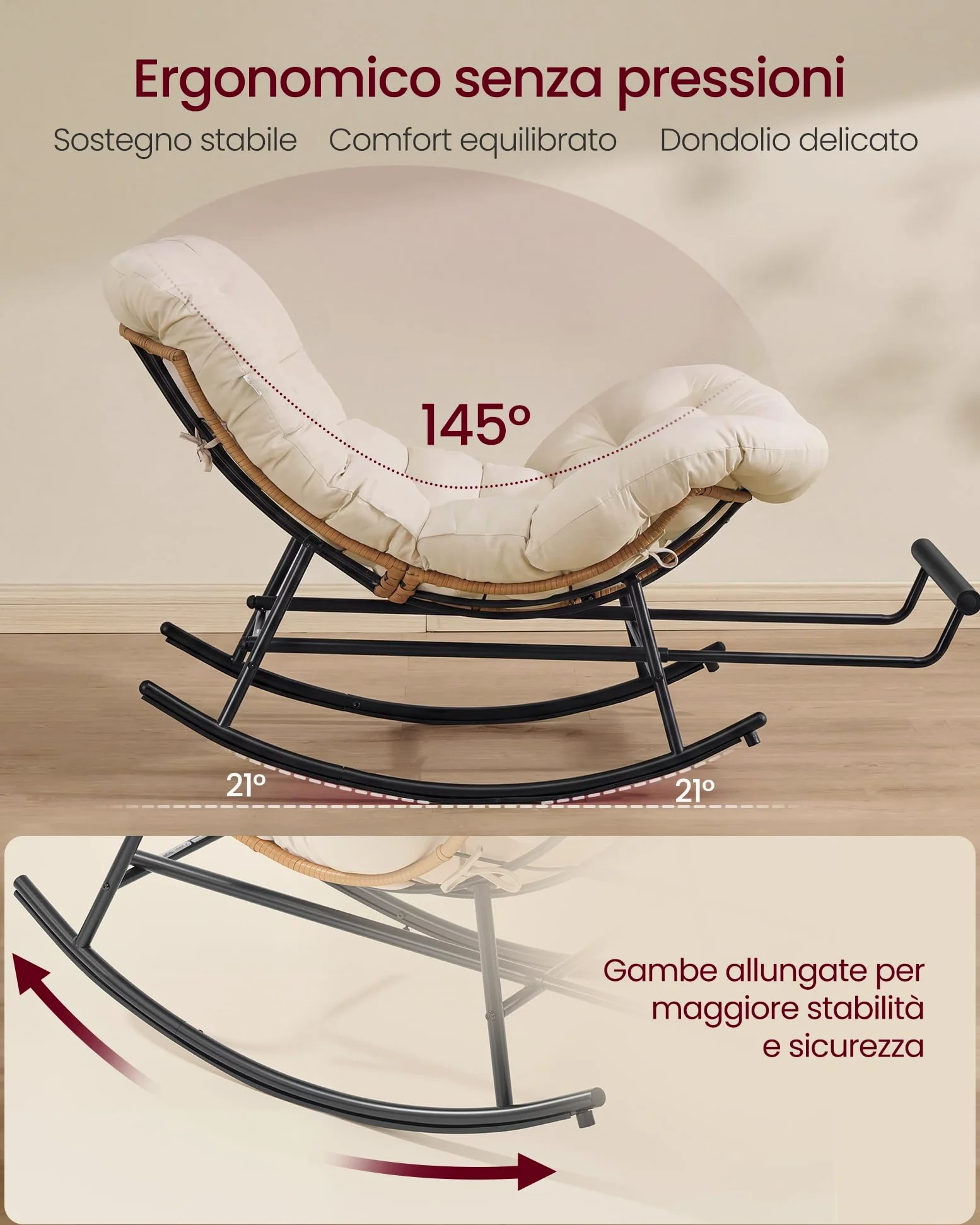 VASAGLE Sedia a Dondolo, Poltrona a Dondolo, Struttura in Acciaio, Poggiapiedi Estraibile, Cuscino Rimovibile, Portata 136 kg, Camera da Letto Soggiorno Terrazza Giardino, Beige LYY062WZ01