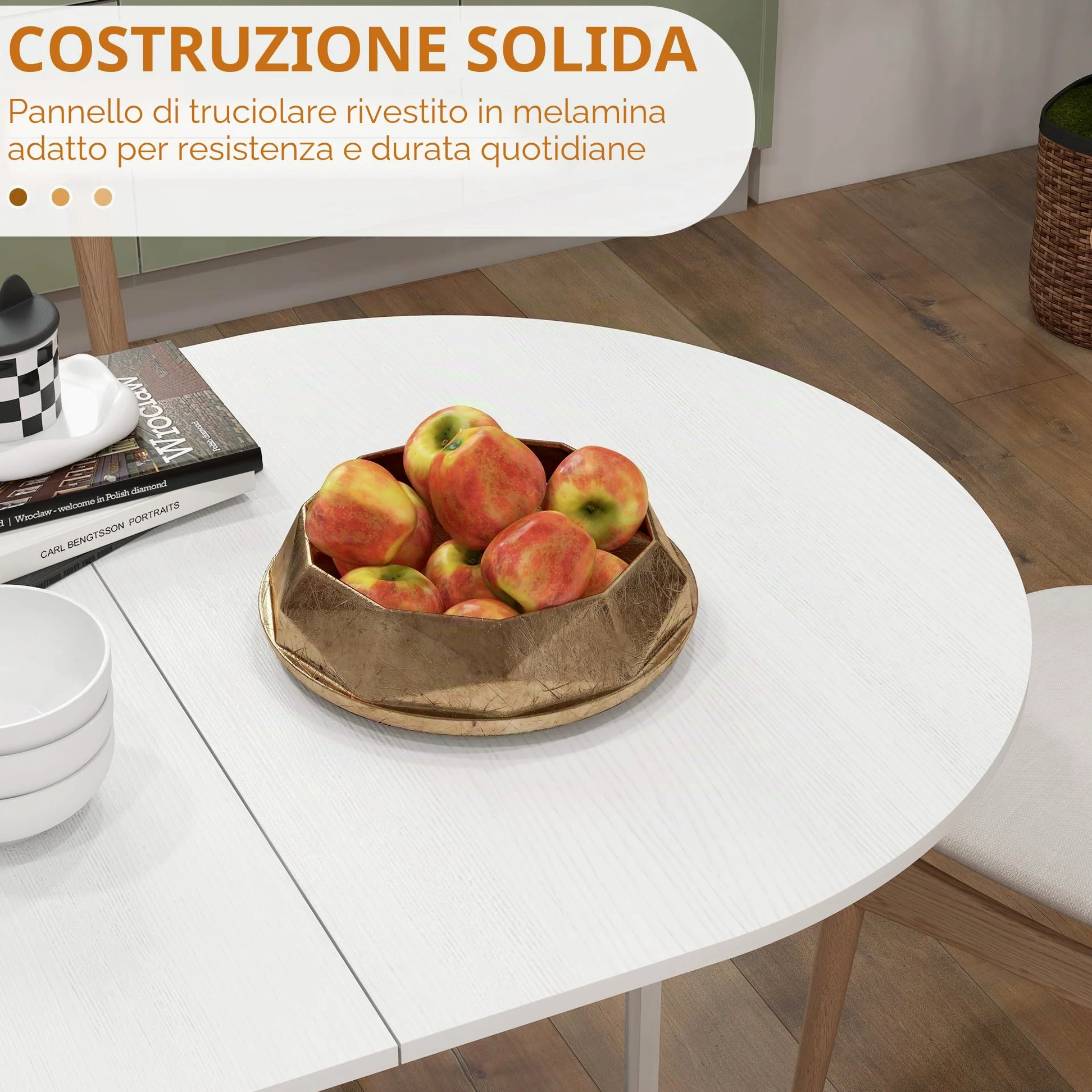 HOMCOM Tavolo da Pranzo Pieghevole, 163x80 cm Scrivania Richiudibile Salvaspazio con 2 Ribalte Ovale per 6 Persone, Tavolo Cucina a Ribalta, Ideale per Soggiorno, Casa, Ufficio, Bianco