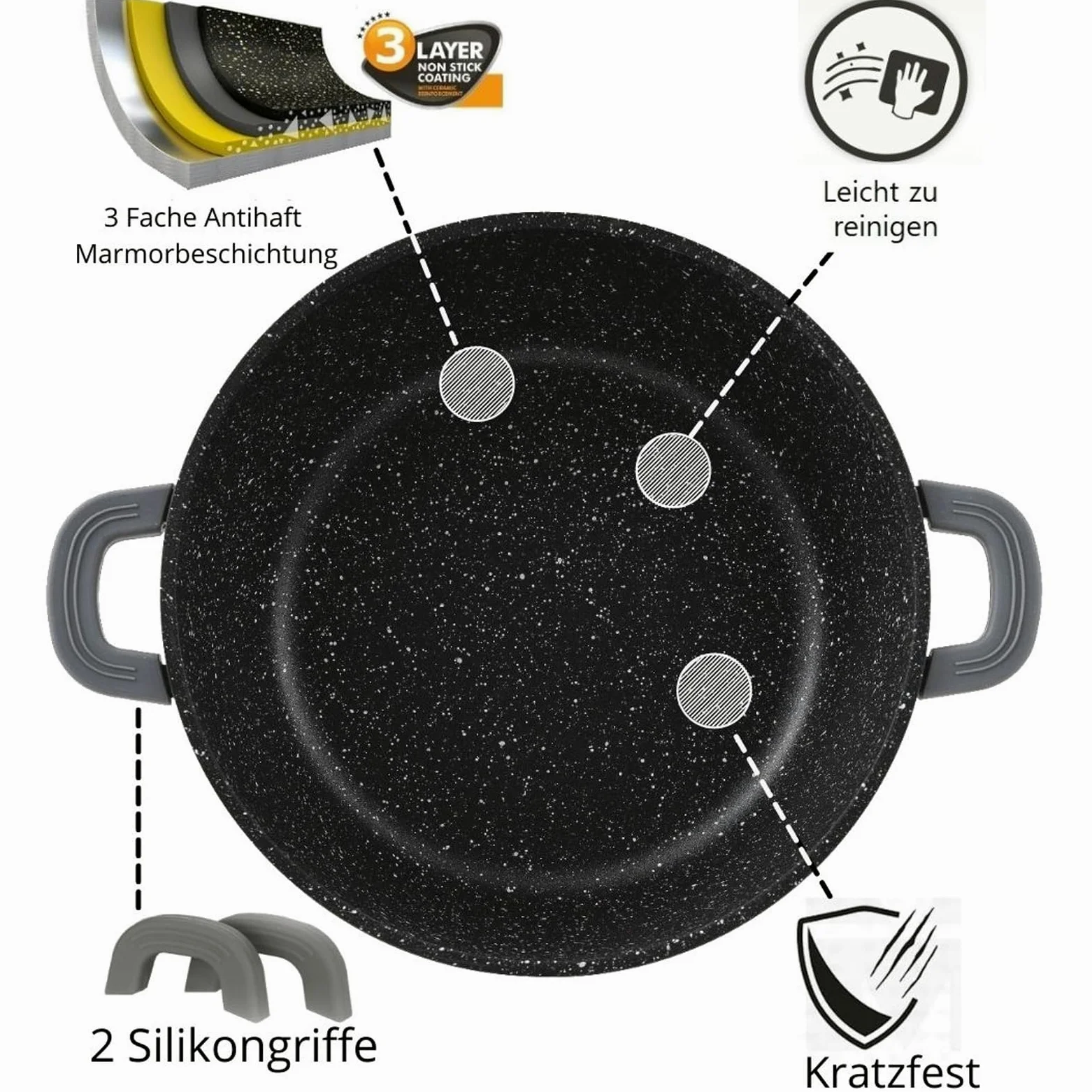 Padella Ø 40 cm con coperchio in vetro, padella da portata, padella per cottura a induzione, in alluminio pressofuso e rivestimento in marmo