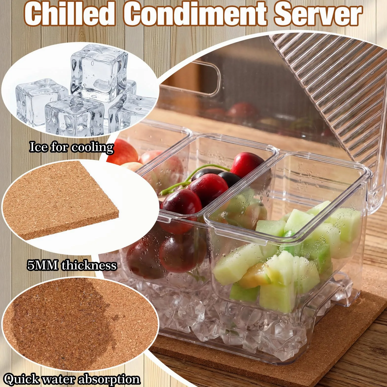 Sieral Set di 11 contenitori trasparenti per condimenti refrigerati con coperchio, tra cui 1 tampone in sughero, 5 cucchiai, 3 clip e adesivi per bar, frutta, insalata, taco e decorazioni per feste