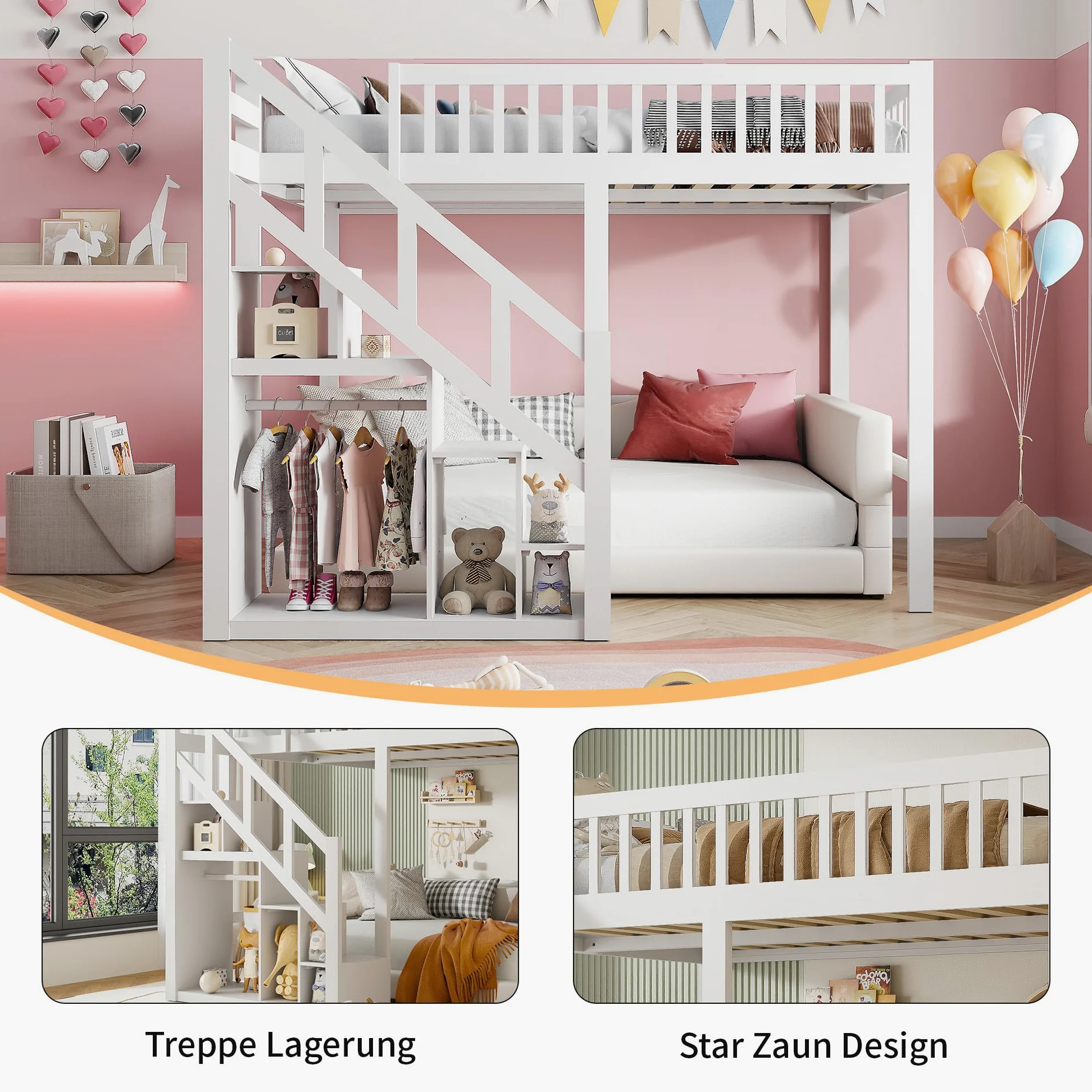 Letto a Soppalco 140x200cm con Recinzione Sicura e Scala di Stoccaggio, Letto a Castello Bianco per Bambini e Ragazzi - Struttura Legno Stile Montessori