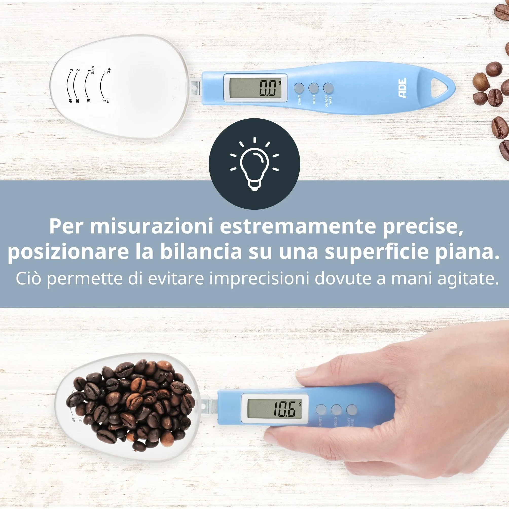 ADE Bilancia digitale a cucchiaio di precisione | bilancia elettronica a cucchiaio dosatore per pesare e dosare precisi | precisione di 0,1 grammi | anche per liquidi | con display LCD | Blu