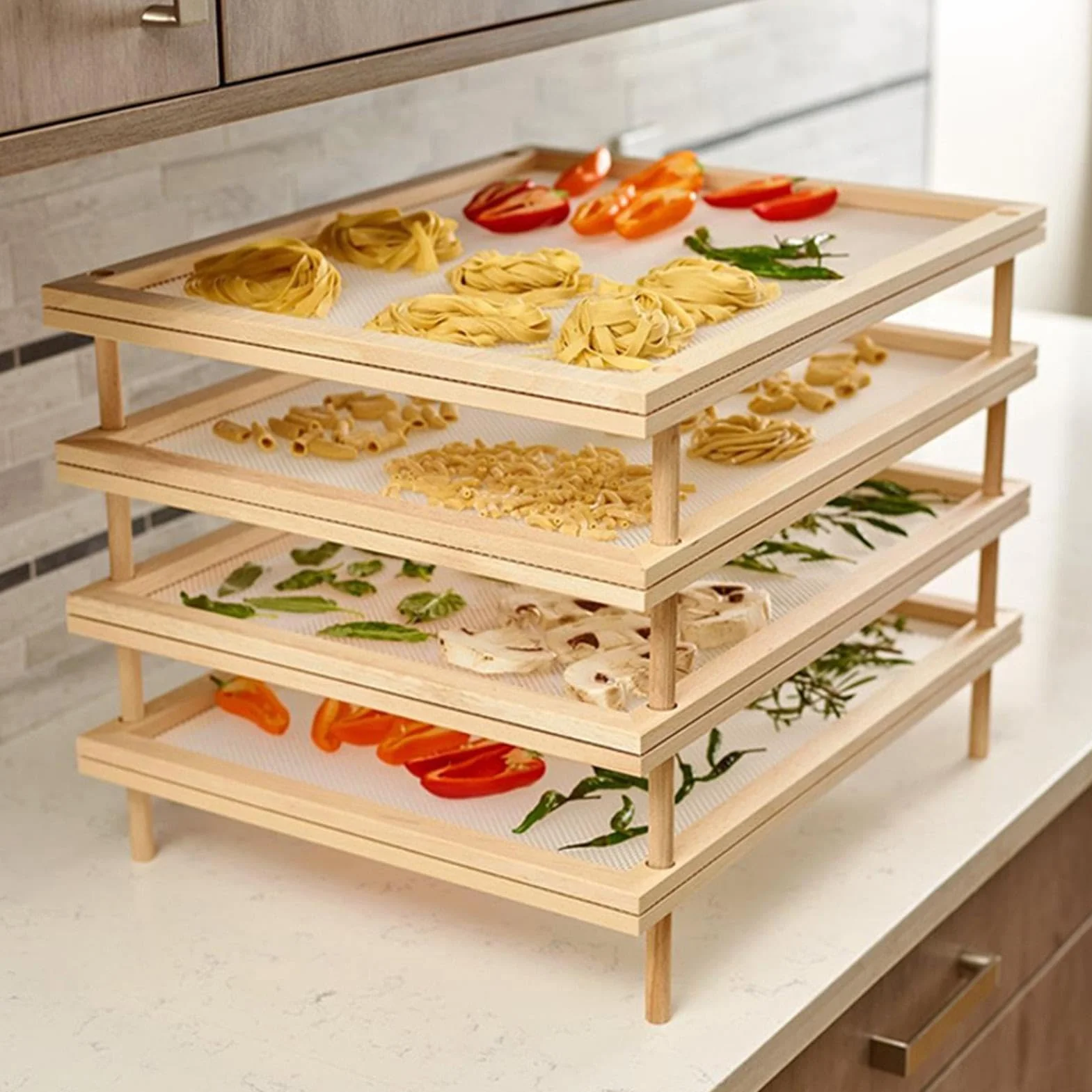 Generico Essiccatore per Alimenti in Legno, Stendino per Pasta Staccabile e Impilabile con Rete, Circolazione 'Aria, Scaffale per Frutta Aperto in Legno Lucido, Sano, Sicuro, Risparmia Spazio per