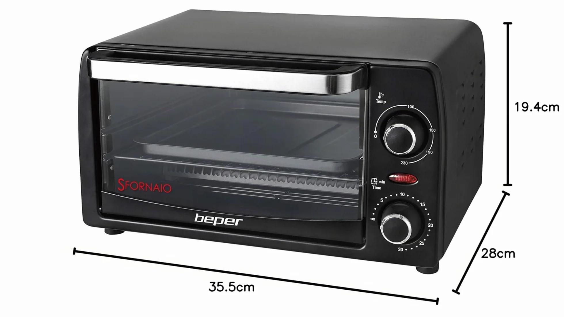Beper Fornetto Elettrico 12L, Elementi Riscaldanti al Quarzo, Temperatura Regolabile 230°C, Nero