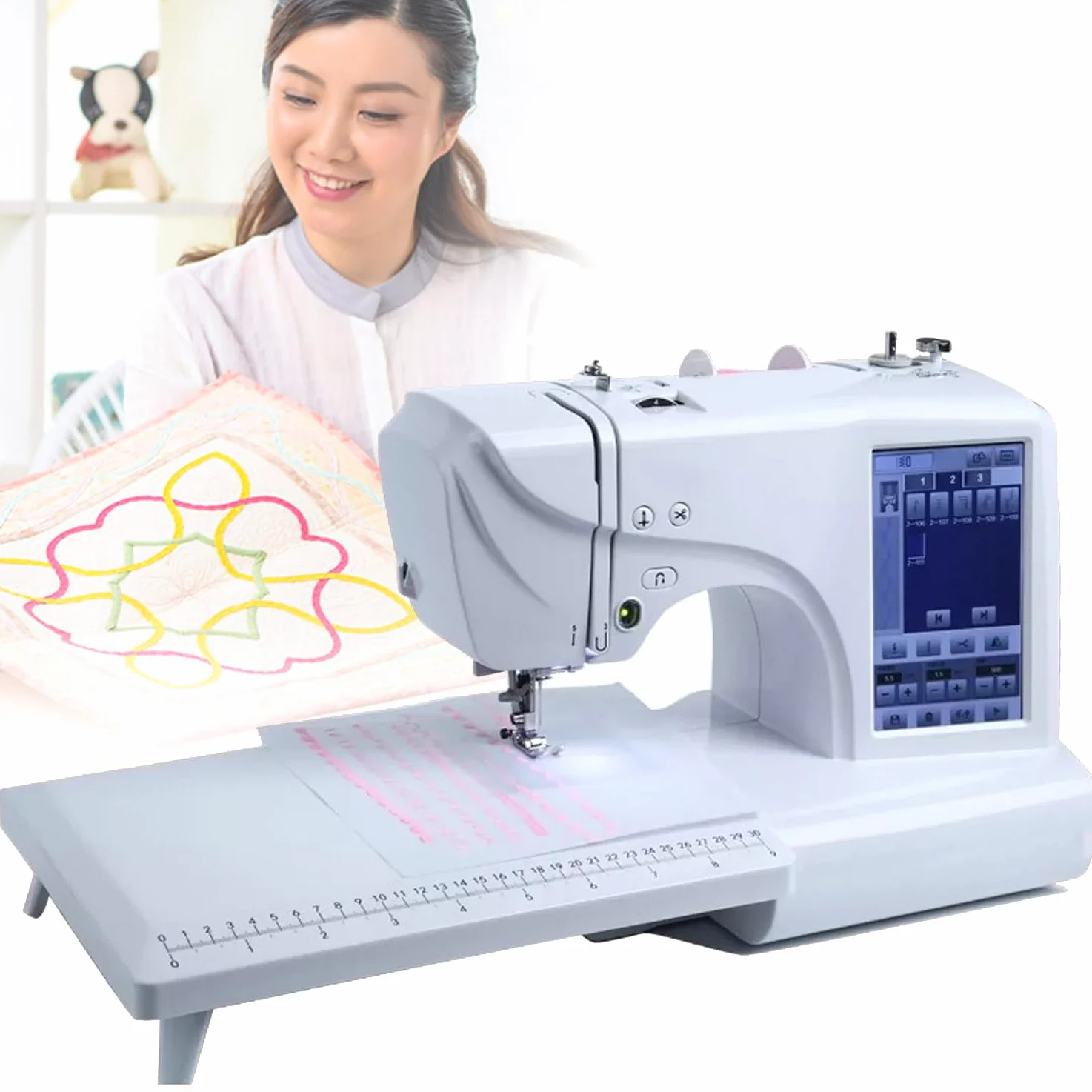 Qiang Macchina per Cucire E Ricamare Digitale Computerizzata con Schermo LCD 7'' E Porta USB 158 Disegni Incorporati 210 Lettere Integrate E 30 Bordi con Motivi 100 * 230Mm Ampia Area di Ricamo