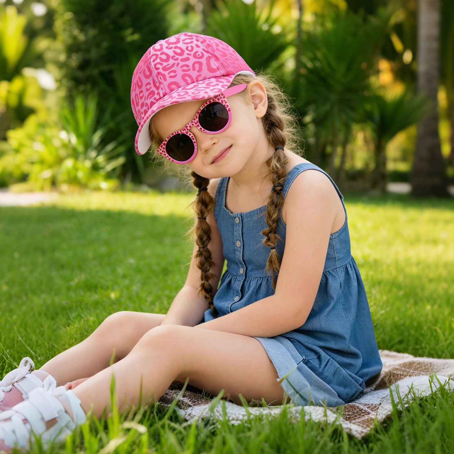 Cappellino da Baseball Occhiali da Sole Bambina Motivo Leopardo Protezione UV Regolabile Berretto Estivo
