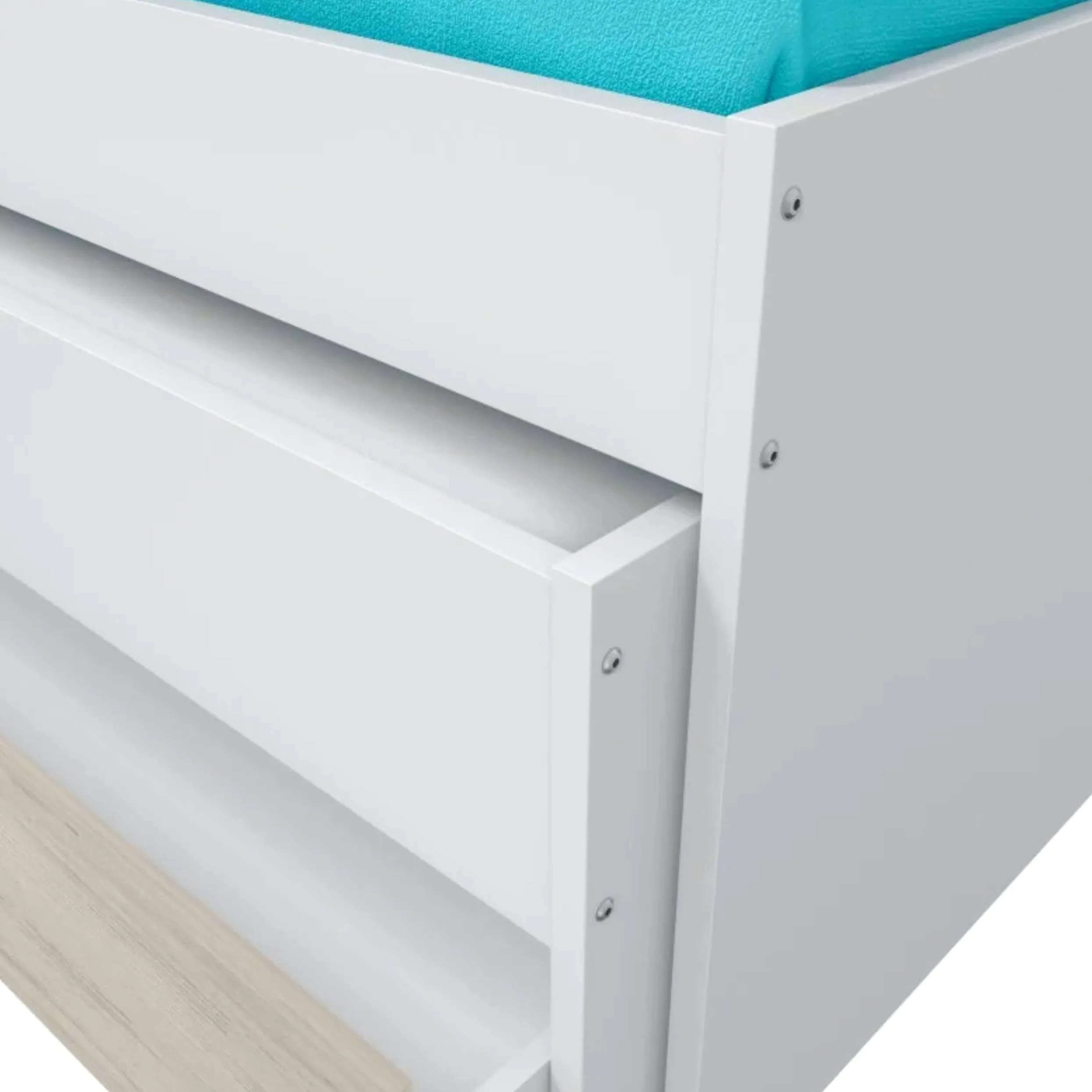 Dmora - Letto per bambini Sunnyvale, Struttura letto per cameretta, Letto singolo con lettino estraibile, cassettone e mensola, 199x96h65 cm, Bianco