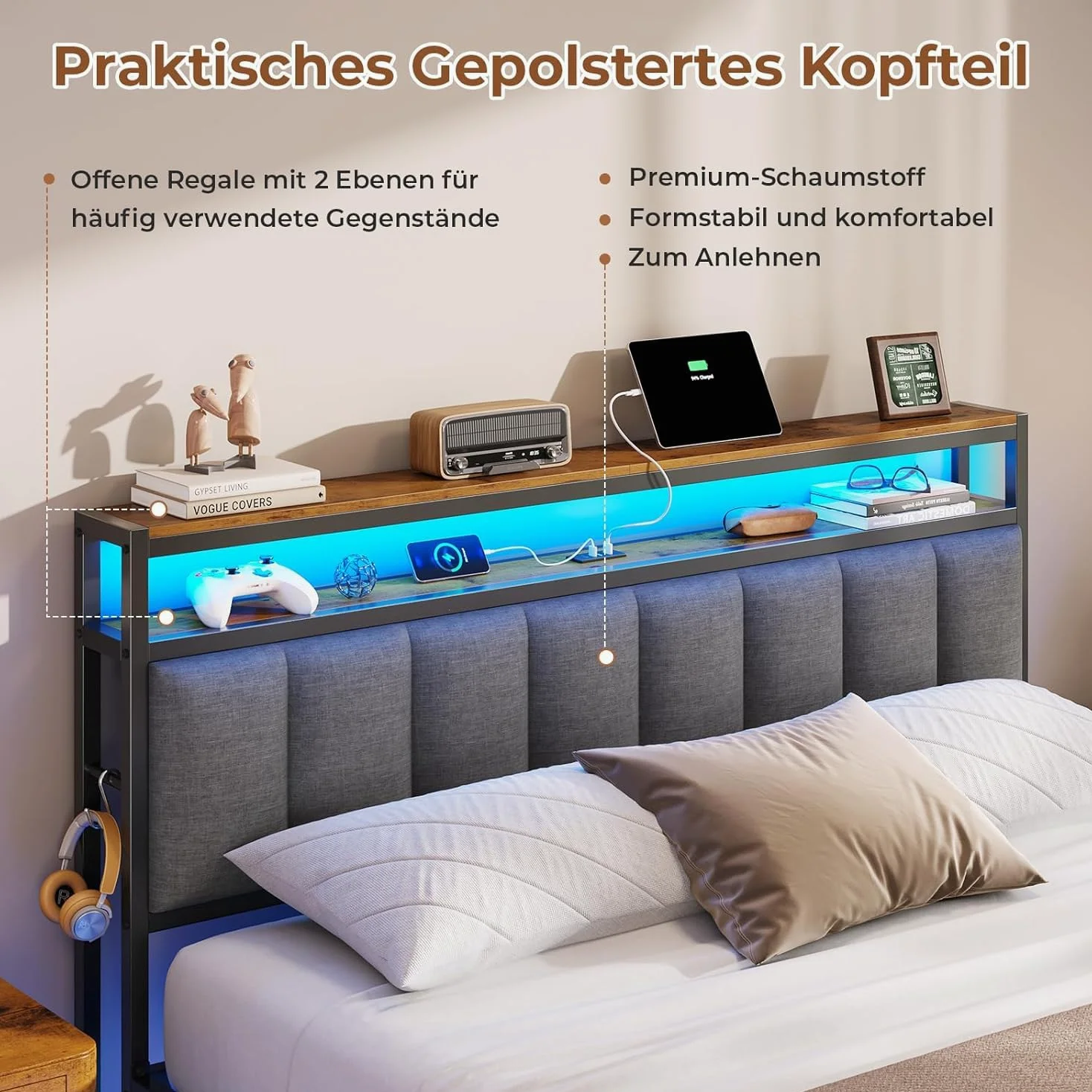 AOGLLATI Letto Matrimoniale, Letto 160x200 cm con Illuminazione a LED e Stazione di Ricarica, Struttura Letto con Testiera Imbottita, Effetto Visivo Levitante, Stile Minimalista, Grigio Scuro