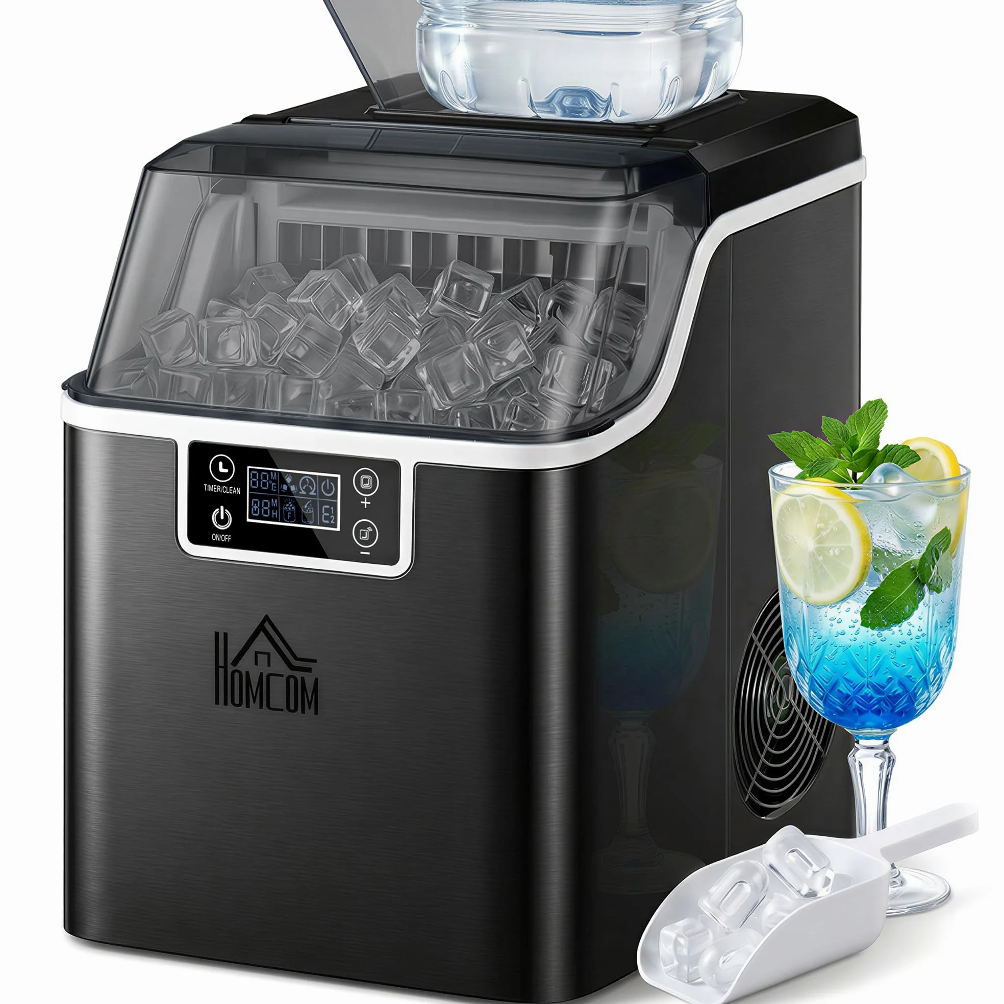 HOMCOM Macchina Ghiaccio 20kg in 24 Ore, Riempimento Manuale o con Bottiglia, 24 Cubetti in 14-18 Minuti con Paletta, Dimensione Regolabile, Serbatoio 3.2L e Sistema Autopulente, Nero