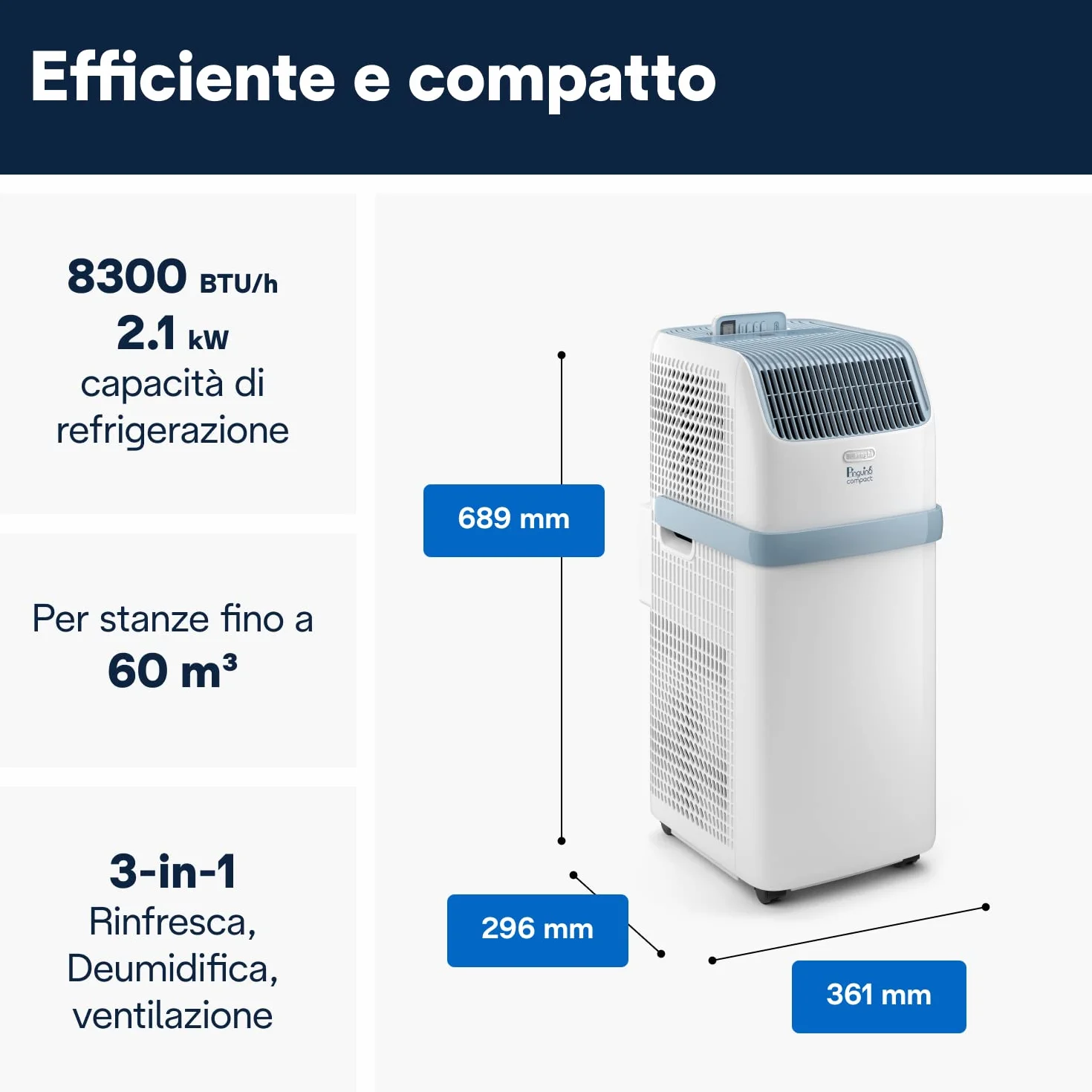 De'Longhi Pinguino Compact ES72 YOUNG, Condizionatore Portatile Silenzioso 8.300 BTU/h, 2.1 kW, 60m3, Gas R290, Funzione Deumidificatore, Timer 24 ore, Classe Energetica A, Bianco