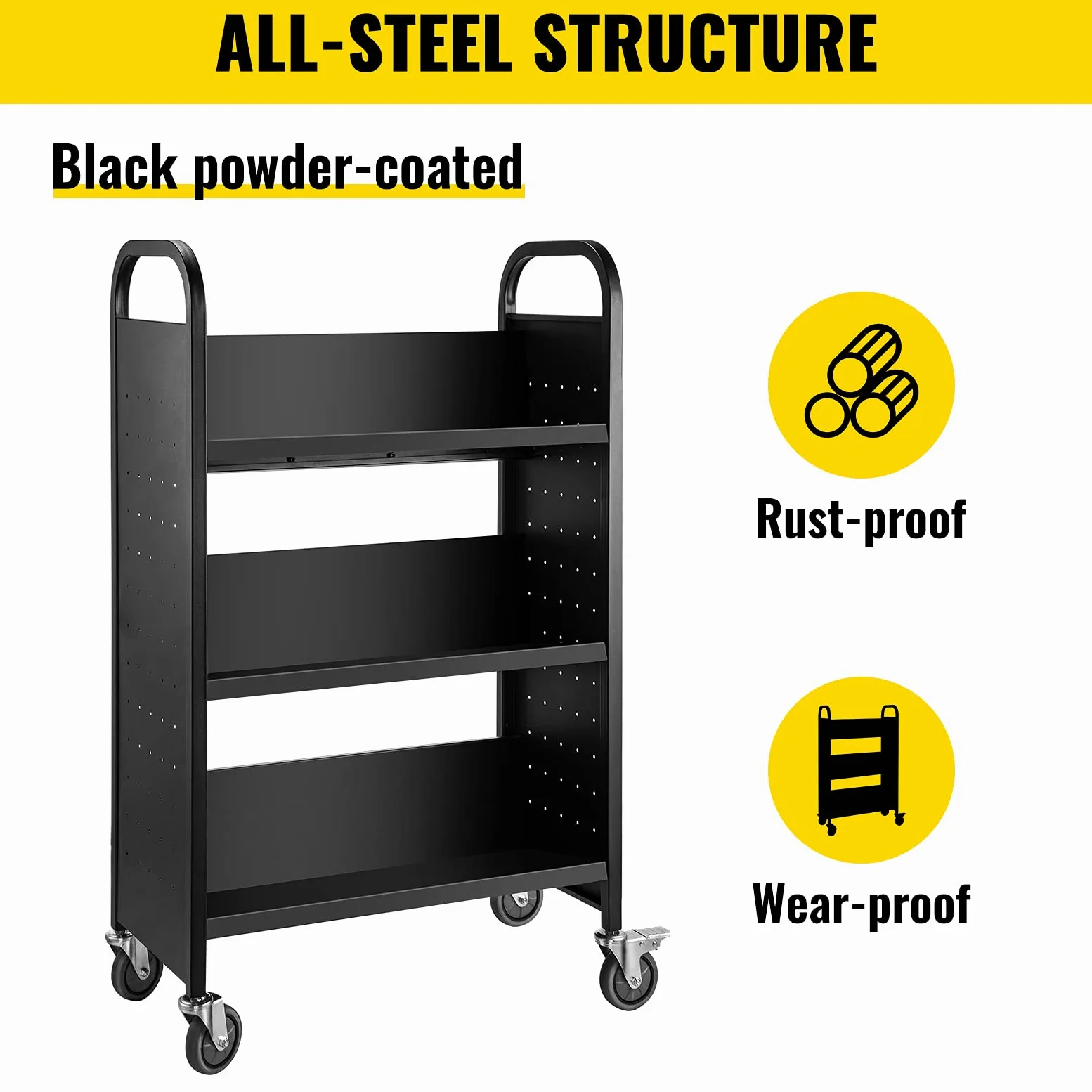 VEVOR Carrello per libri, 90,7 kg, 76 x 35 x 114 cm, ripiani inclinati a forma di V su un lato con ruote bloccabili da 10 cm, per mensole domestiche, ufficio e scuola, camion dei libri in nero