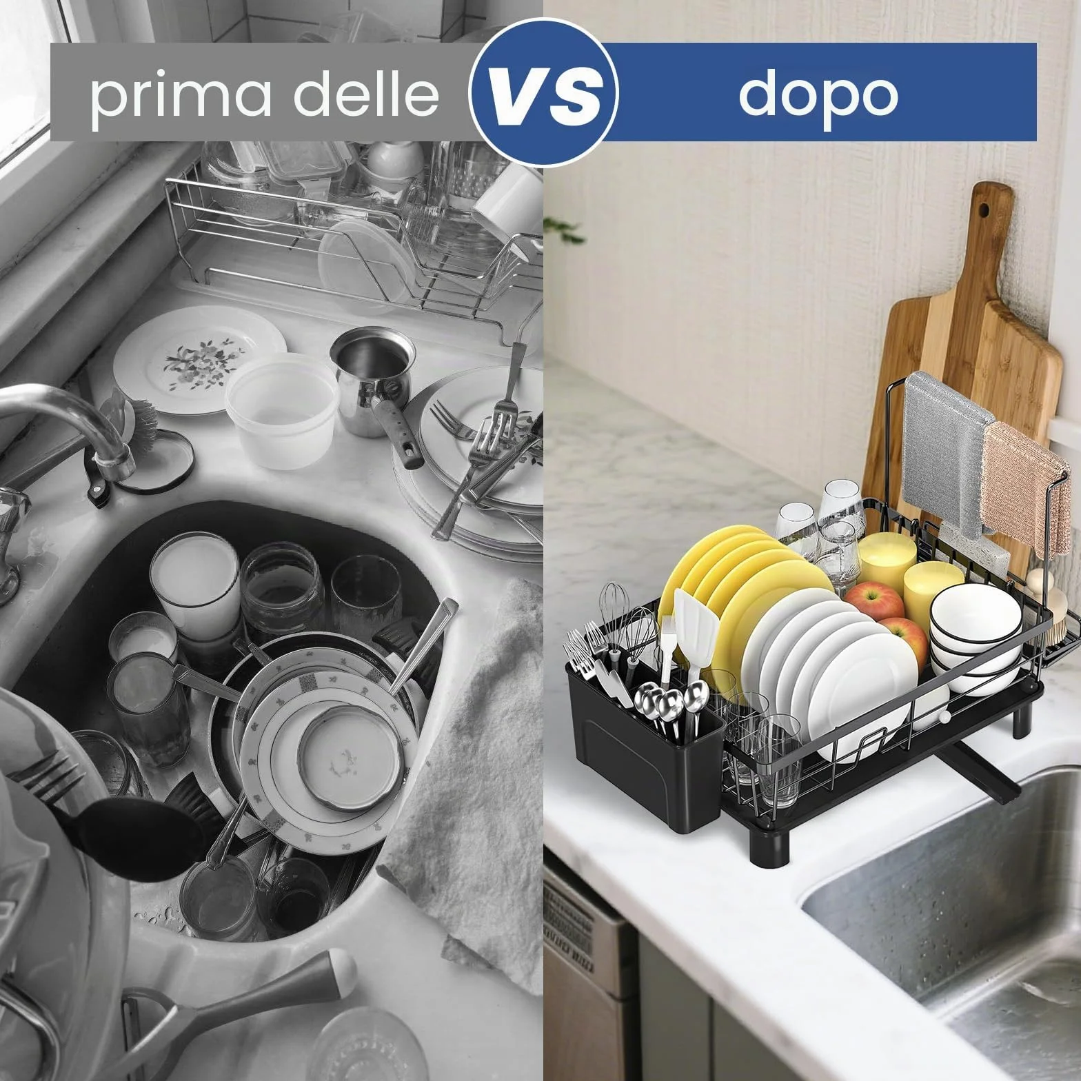 Scolapiatti Scaffale per Stoviglie con Portaposate Drenaggio Regolabile Nero Antiruggine