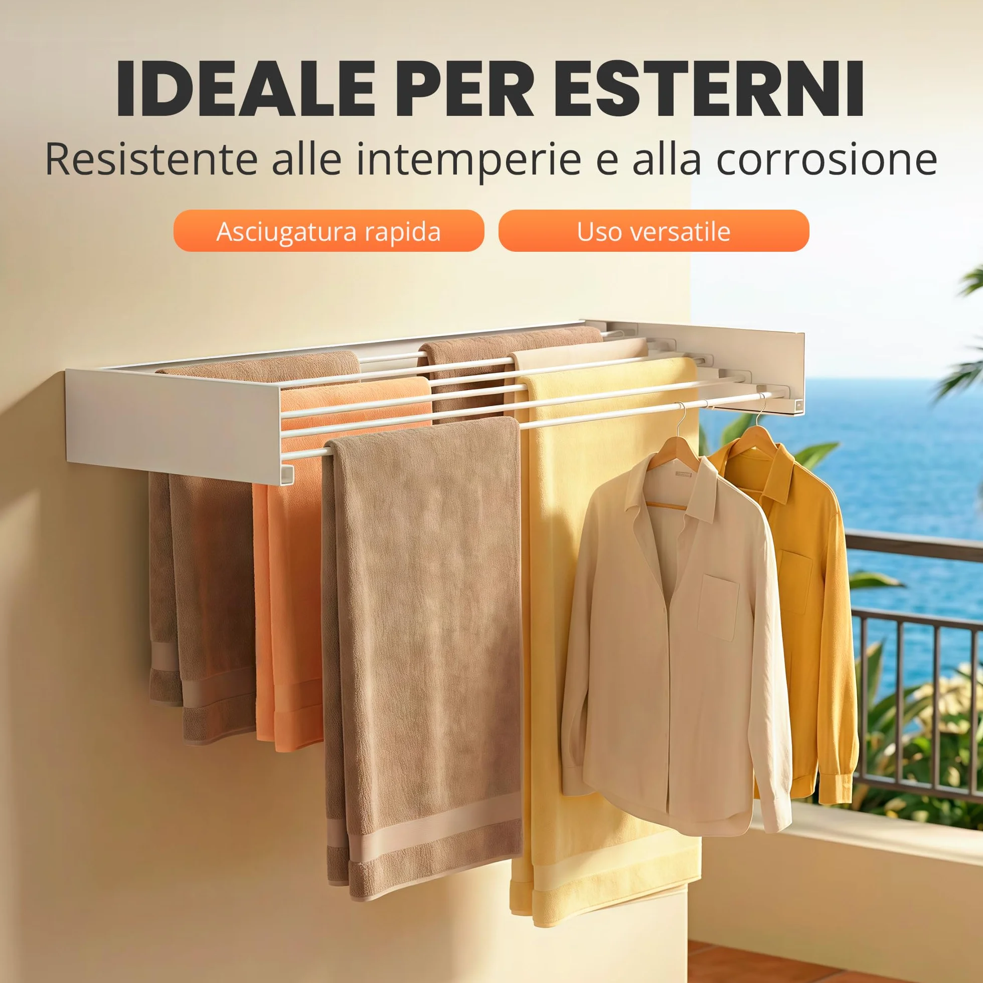 JUPPLIES Stendibiancheria da Parete Pieghevole Retrattile 120 – Stendino a Muro Richiudibile 5 Barre Alluminio Antiruggine 30 kg Bianco