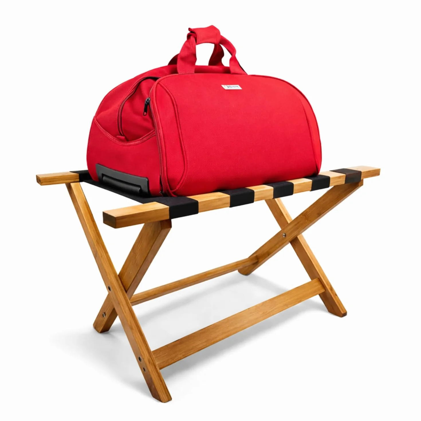 VIRSUS Porta Valigie Pieghevole in Legno Bamboo 65x36x36 cm con 5 Cinghie Cavalletto Sgabello Reggivaligia