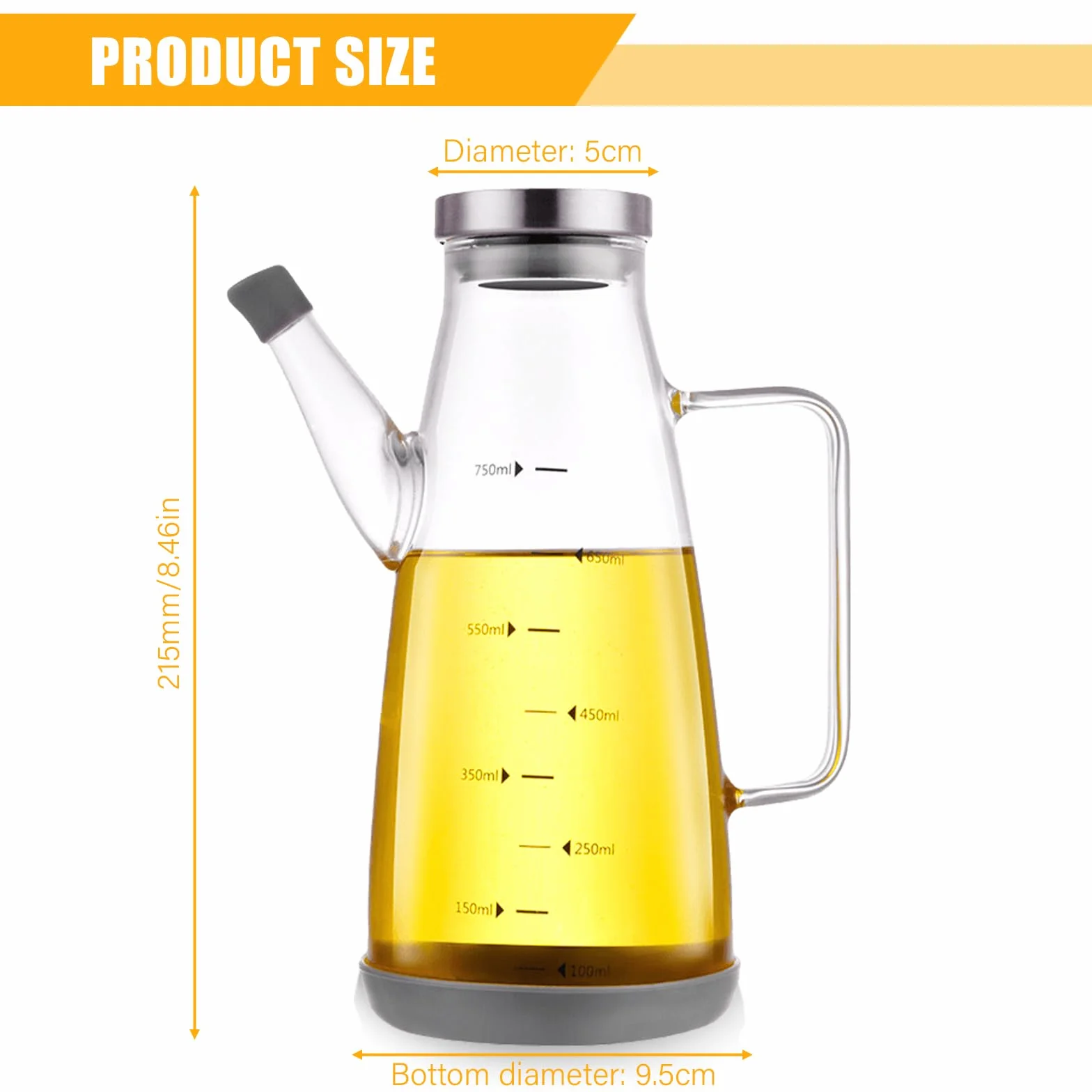 Bottiglia di olio d'oliva da 750 ml, bottiglia di olio di oliva in vetro con manico antiscivolo, distributore di olio con base in silicone antiscivolo, bottiglia di olio d'oliva antigoccia