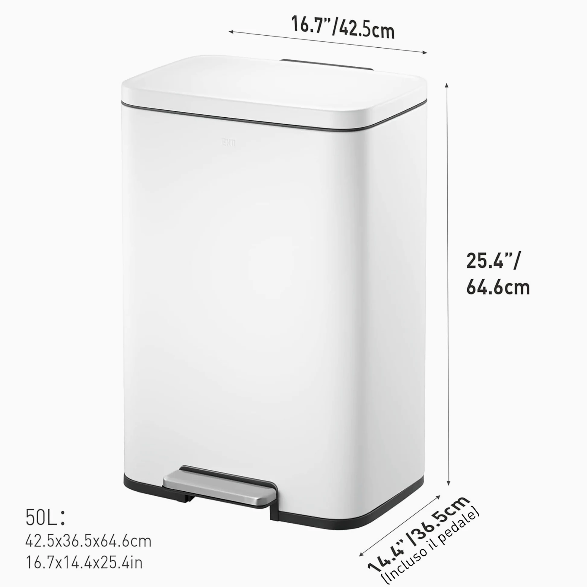 EKO Madison - Pattumiera da Cucina, 50 l, con Pedale e Coperchio a Chiusura Morbida, Colore: Bianco Opaco, in Acciaio Inox Anti-Impronta, Cestino Moderno e Robusto, Grande capacità per Il Riciclaggio