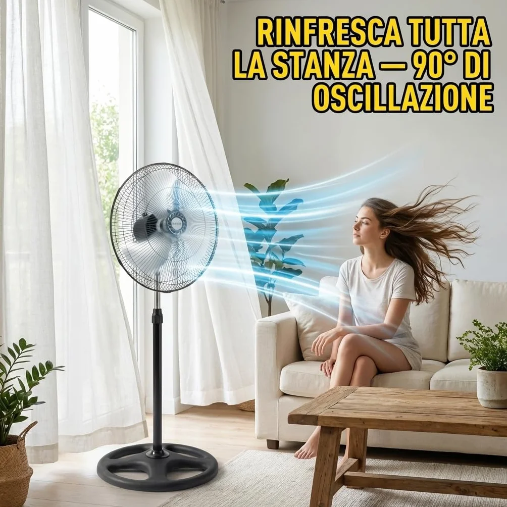MAKA Ventilatore a Piantana Potente, Ventilatore Metallo 5 Pale, 75W, Basso Consumo, Oscillazione Orizzontale, Ventilatore da Terra Industriale Diametro 50cm, Regolabile Altezza Max 130 cm 3 Velocità