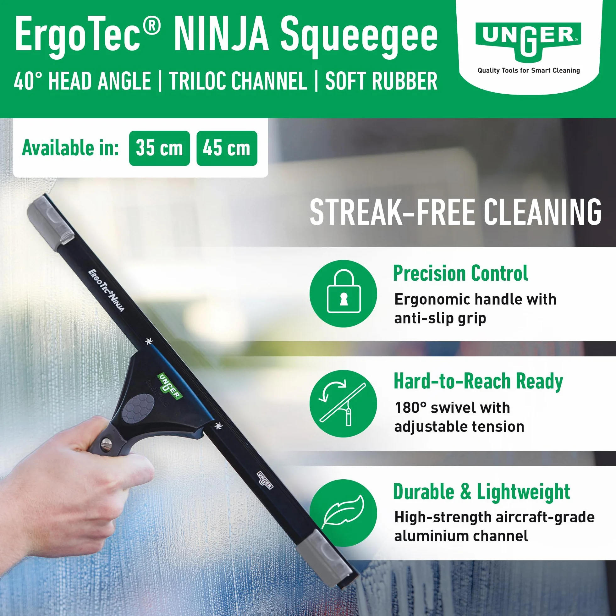 Unger EN350 ErgoTec Ninja - Tergivetri completo 40°, 35 cm, in gomma morbida