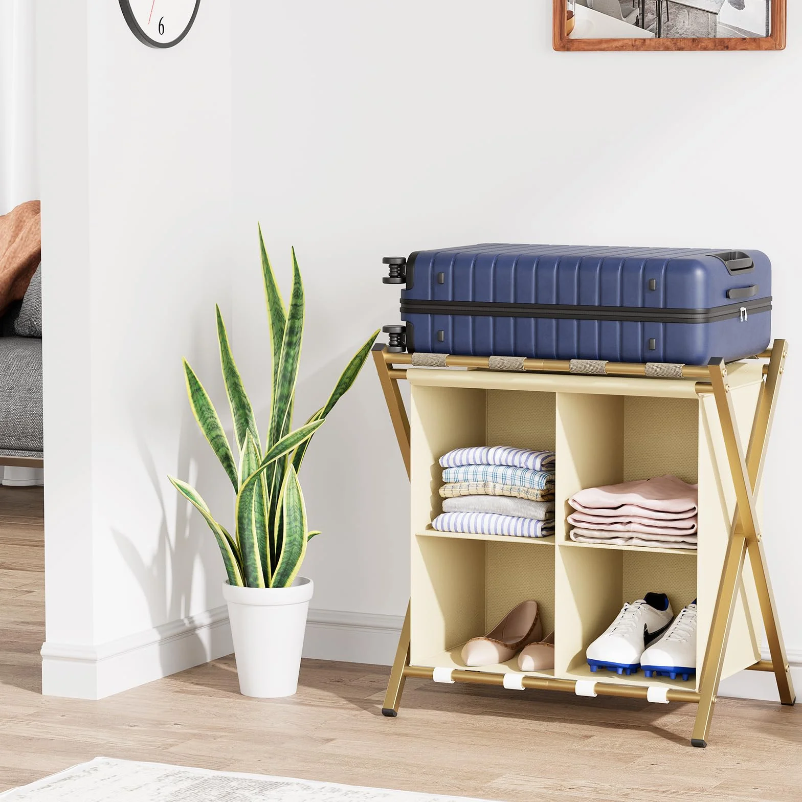 Porta valigie pieghevole con ripiano di stoccaggio in tessuto, Set di 2, Supporto per camera da letto