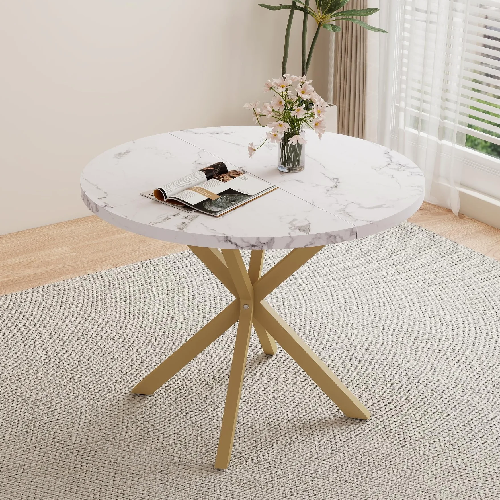 Set Tavolo e Sedie da Pranzo, Tavolo da Pranzo Rotondo da 100 * 100 * 76.5 cm e 4 Sedie Moderne in Teddy Fleece, per Sala da Pranzo, Cucina, Soggiorno, Colore Marmo-GD + Beige