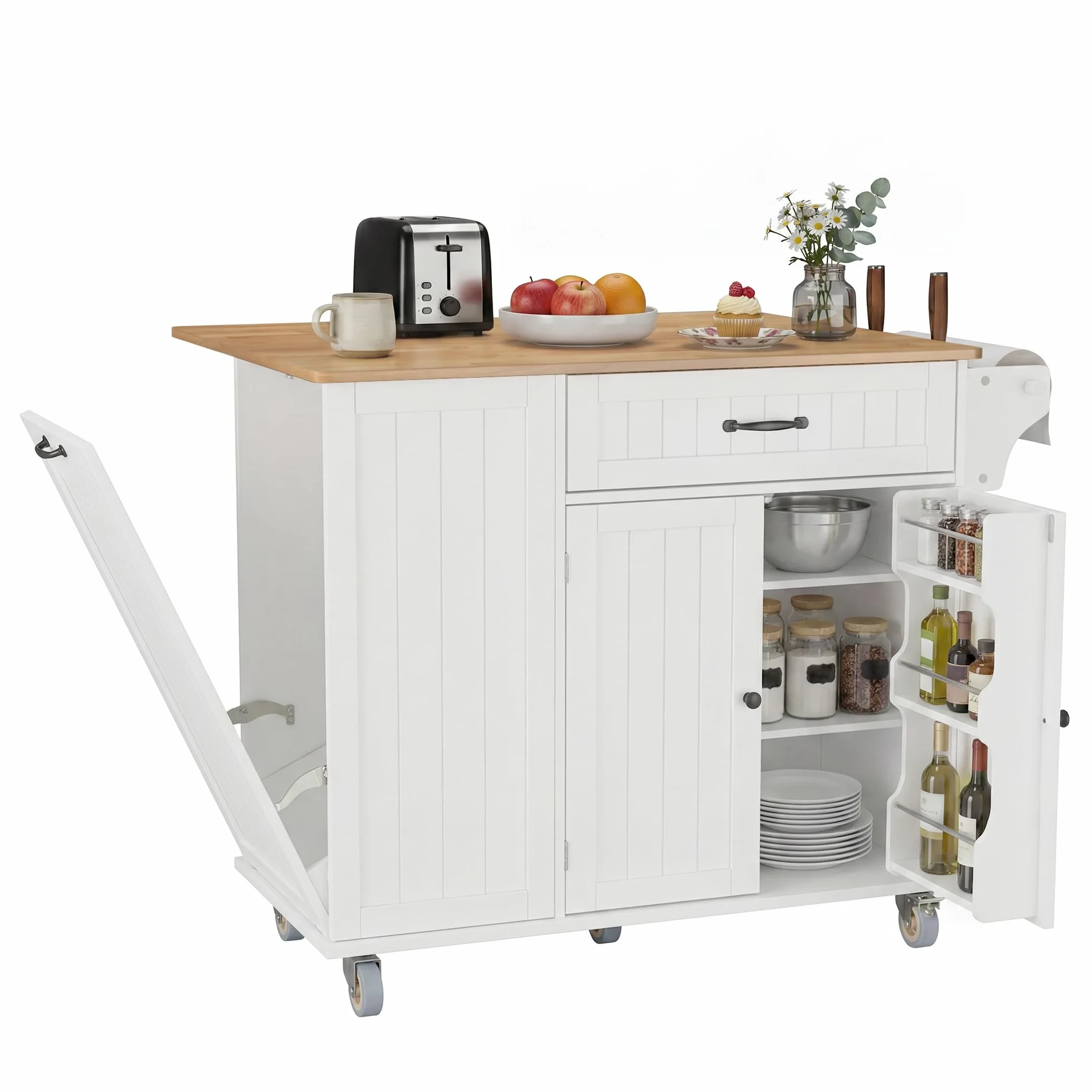 Xbro Isola Cucina con Piano di Lavoro Pieghevole e Ruote, Penisola Cucina Salvaspazio con Cassetto, Vano Pattumiera, Portacoltelli e Portasciugamani, Mobile Cucina 113 x 51 x 90 cm