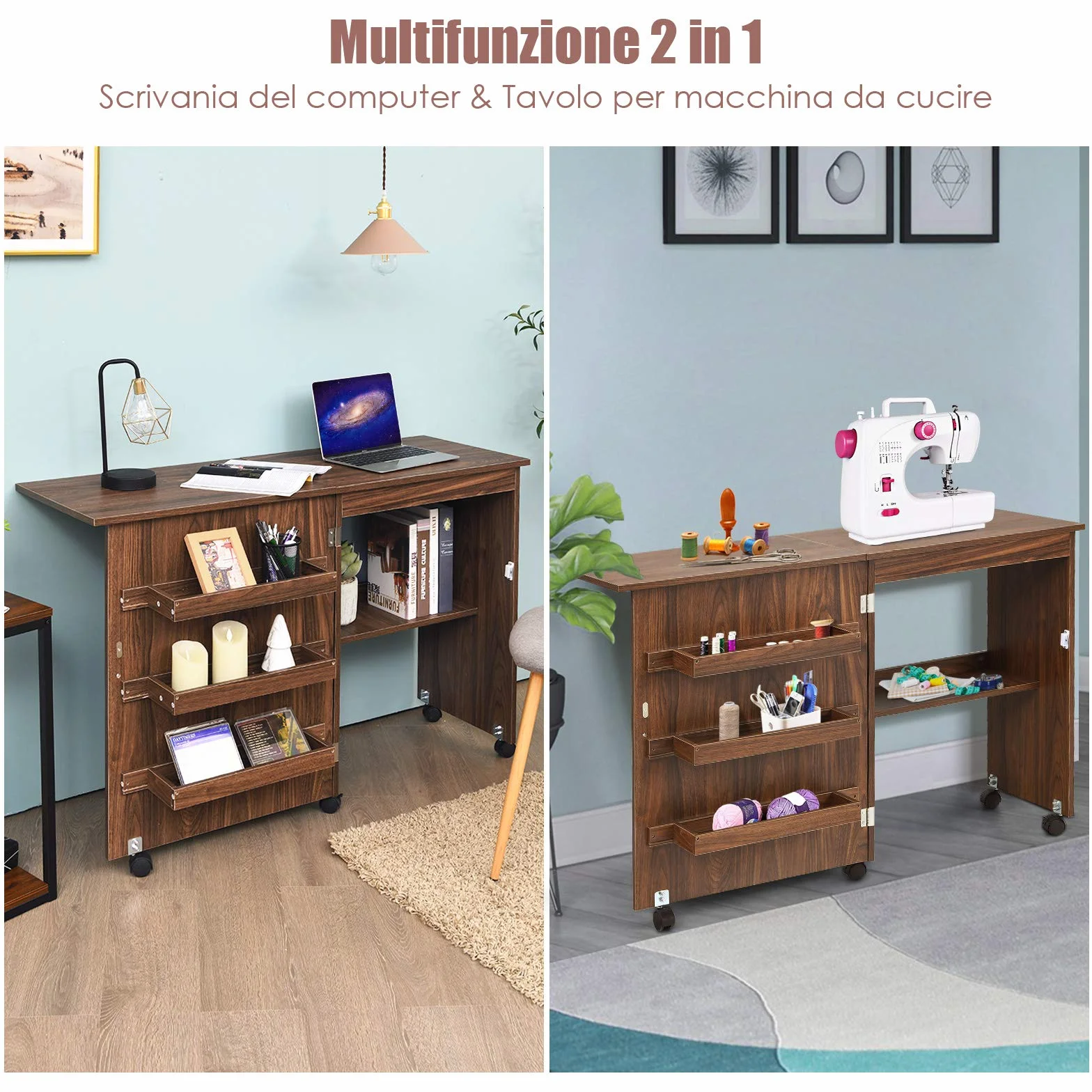 GYMAX Mobile per Macchina da Cucire, Tavolo Cucito Pieghevole Richiudibile, con Ripiani Portaoggetti e 5 Ruote, 118,5 x 40 x 79,5 cm (Marrone Scuro)